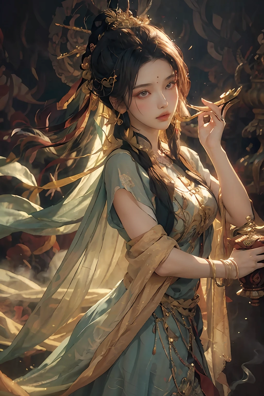1girl, Dunhuang Flying Apsaras costume, messy long hair, Ji Jian, Dunhuang style, a lot of smoke, superb, elegant colors, (realistic, high detail, masterpiece, super detailed, dynamic angle, mural background, ink wash, amazing, movie lighting, illustration, chiaroscuro, backlighting, god rays, holland, best quality, best quality