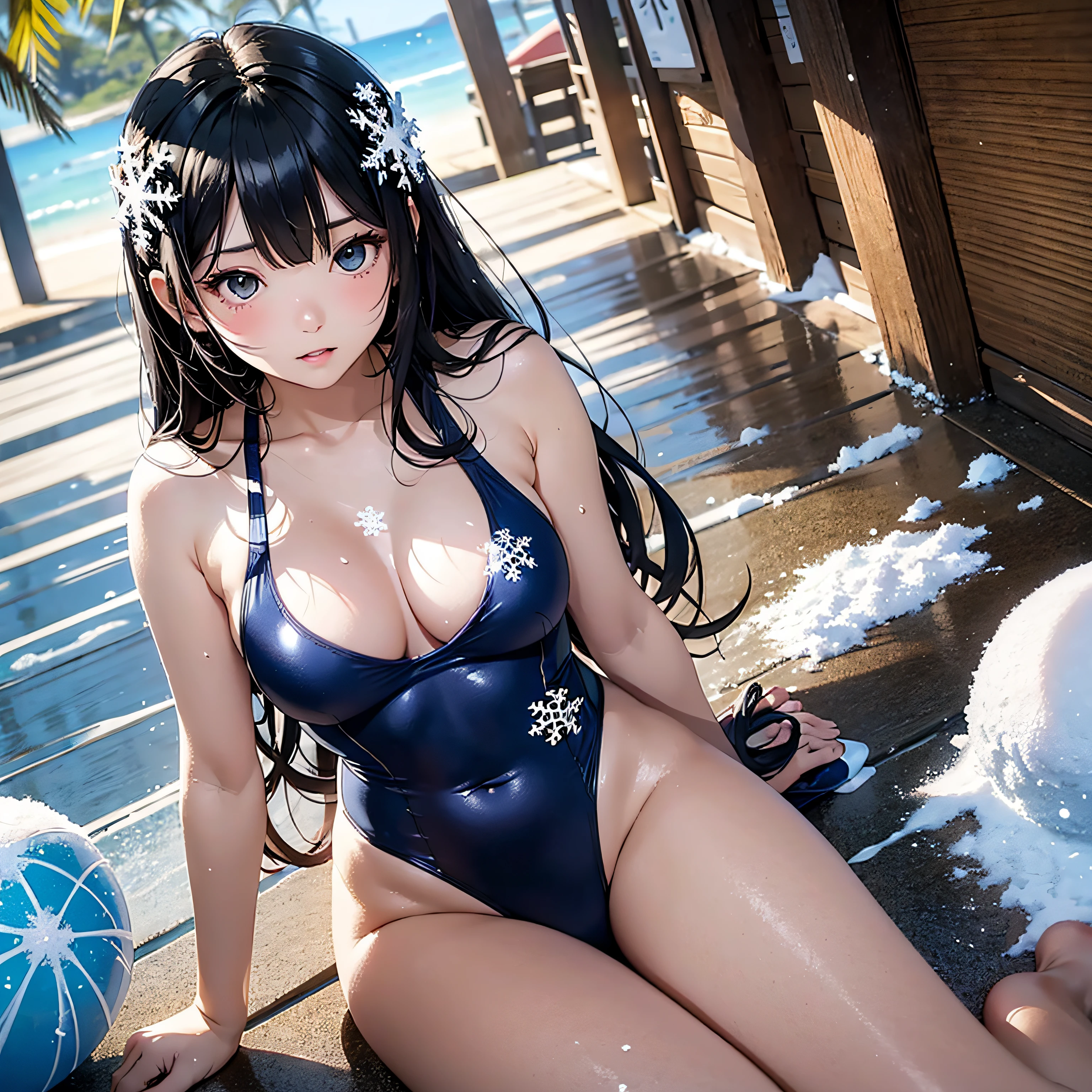 jpn、Beautiful snow woman with long black hair and snowflake hair ornament、18year old、Wearing a blue one-piece high-leg swimsuit with plenty of snowflake shapes、pareo、Japanese umbrella、flipflops、shave ice、watermelons、sand beach、​masterpiece、realisitic