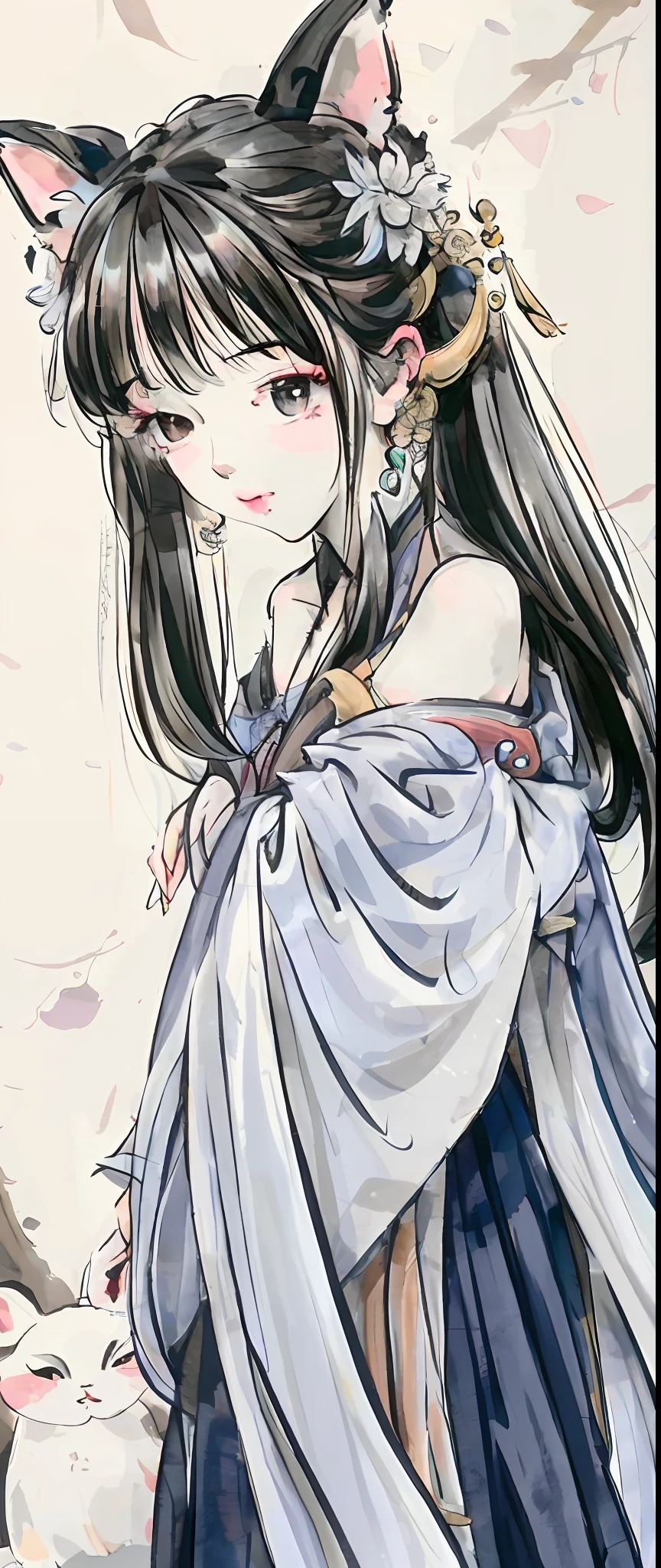 ((4k,masterpiece,best quality)), shuimobysim, Traditional chinese painting, lotuses, Hanfu, maxiskit, dressed in，1 rapariga, 独奏, whaite hair, long whitr hair, fox ear, cyan colors, fox tails, The fish, Many fish are close to the girl, looking at viewert, Titillating