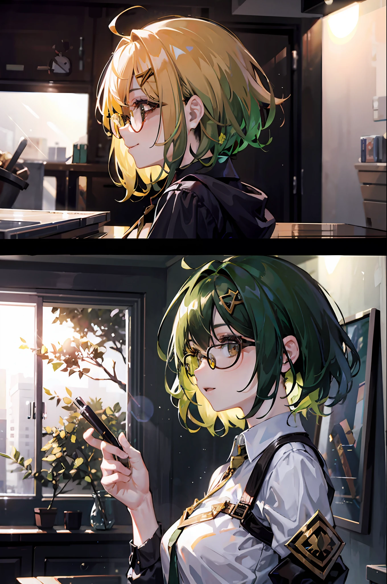 {{tmasterpiece,best qualtiy,extremaly detailed cg,Unity 8k壁纸,cinmatic lighting,lens flare glow}},A girl laughs in the bedroom,(the sideview:1.4),Thick body,Short yellow-green hair,Brown eyes,black-frame glasses