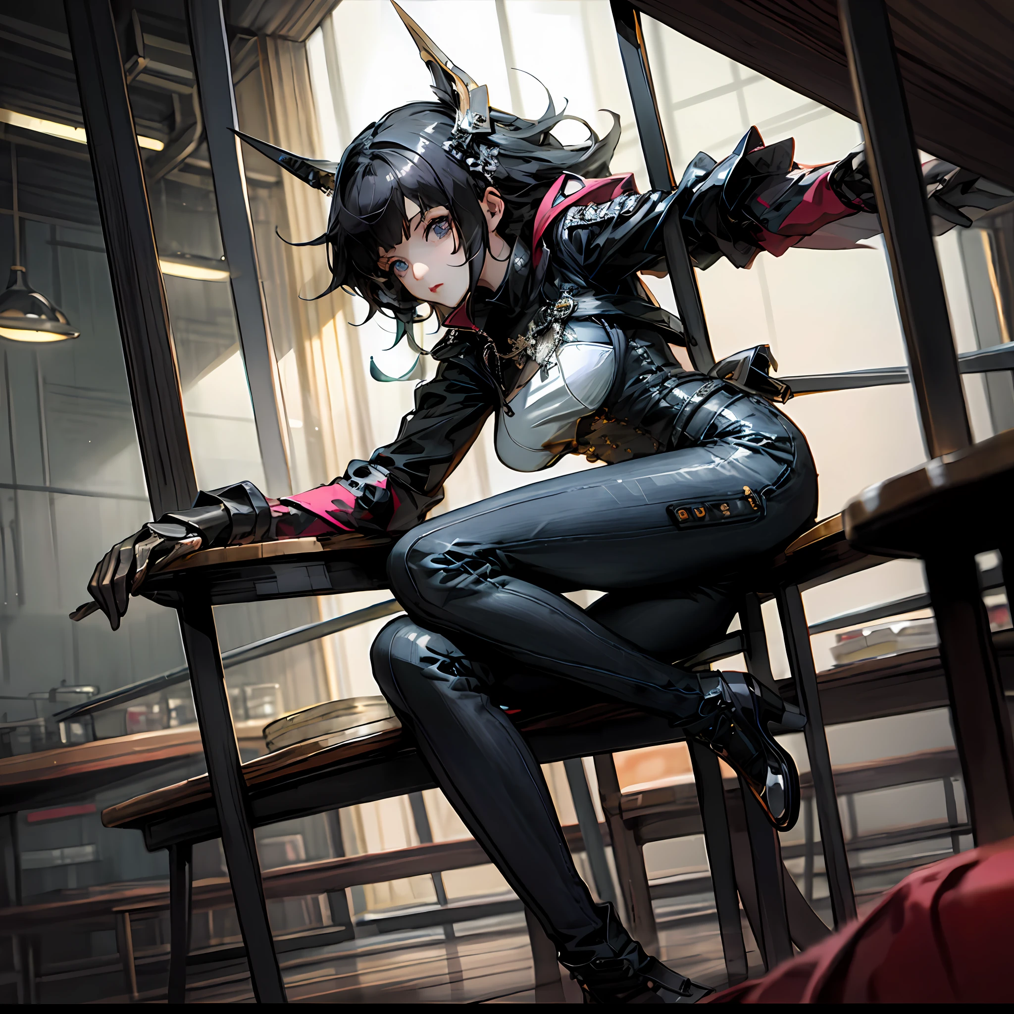 Anime - Woman in style in black and white costume sitting on a bench, From Arknights, by Yang J, Shot on Canon EOS R 6, Extremely detailed Artgerm, trending on artstation pixiv, IG model | Art germ, author：Jeremy Chang, persona 5 art style wlop, author：Chen Jiesheng, author：Shitao, Range Murata and Artgerm，Jirou legs，The expression is cold