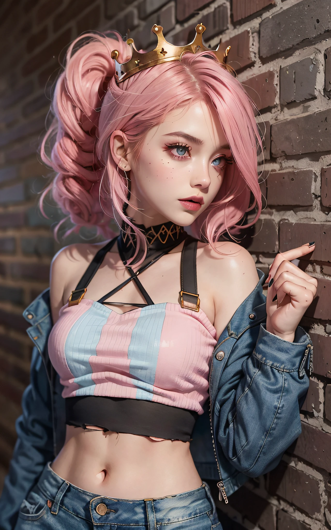 best quality, upper body,intricate details, chromatic aberration,1girl, pixie hair, pink hair, messy hair, cinematic lighting, gothic makeup, sharp eyes,croptop, torn jeans legwear, open jacket,against wall, brick wall, graffiti, dim lighting, alley, golden crown, pink skin, pink skin tone, happy, candy city