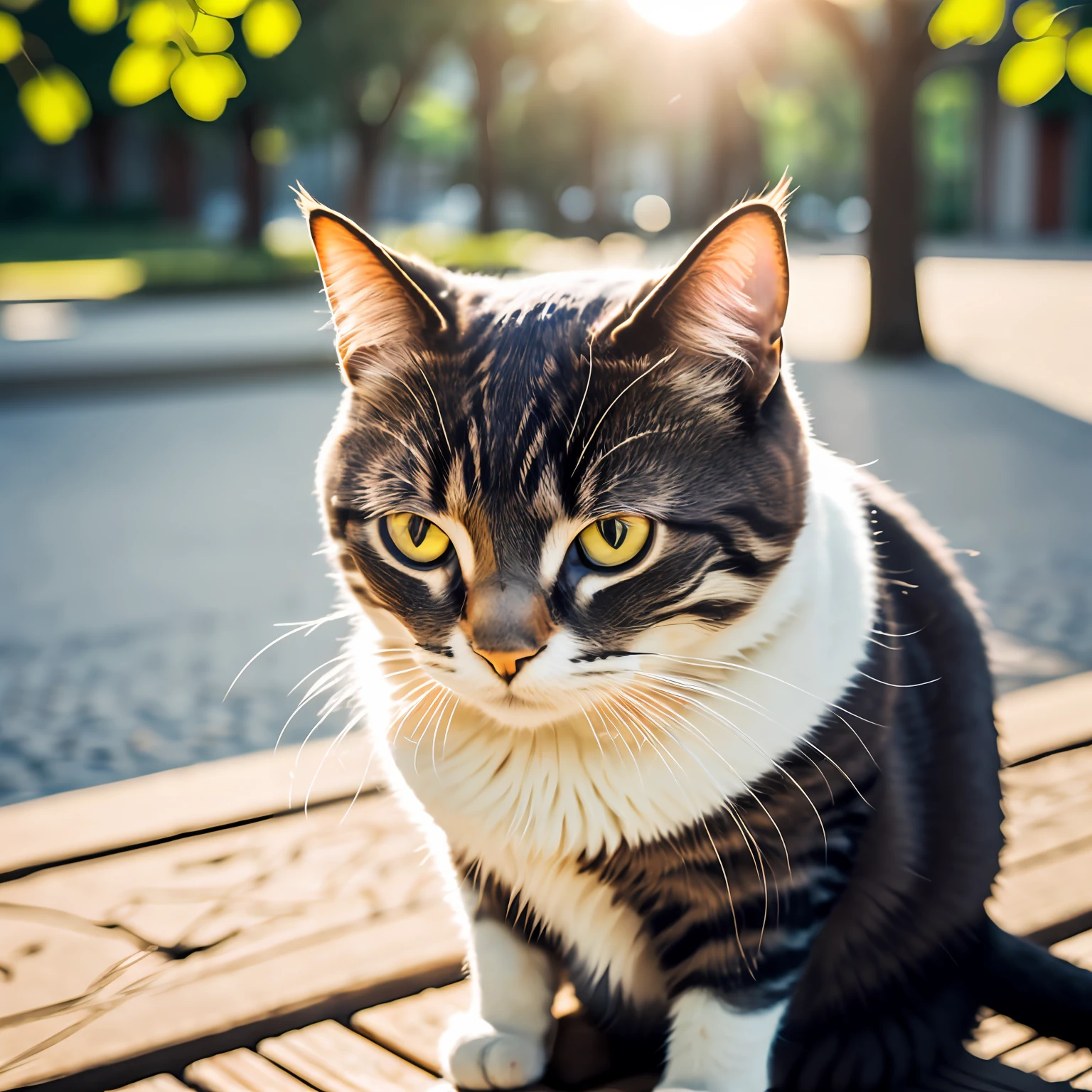超高分辨率， best qualtiy， photore， 16k， （cartoony： 1.0），and the sun was shining brightly，A sitting cat licks its chest with its head down。 --auto