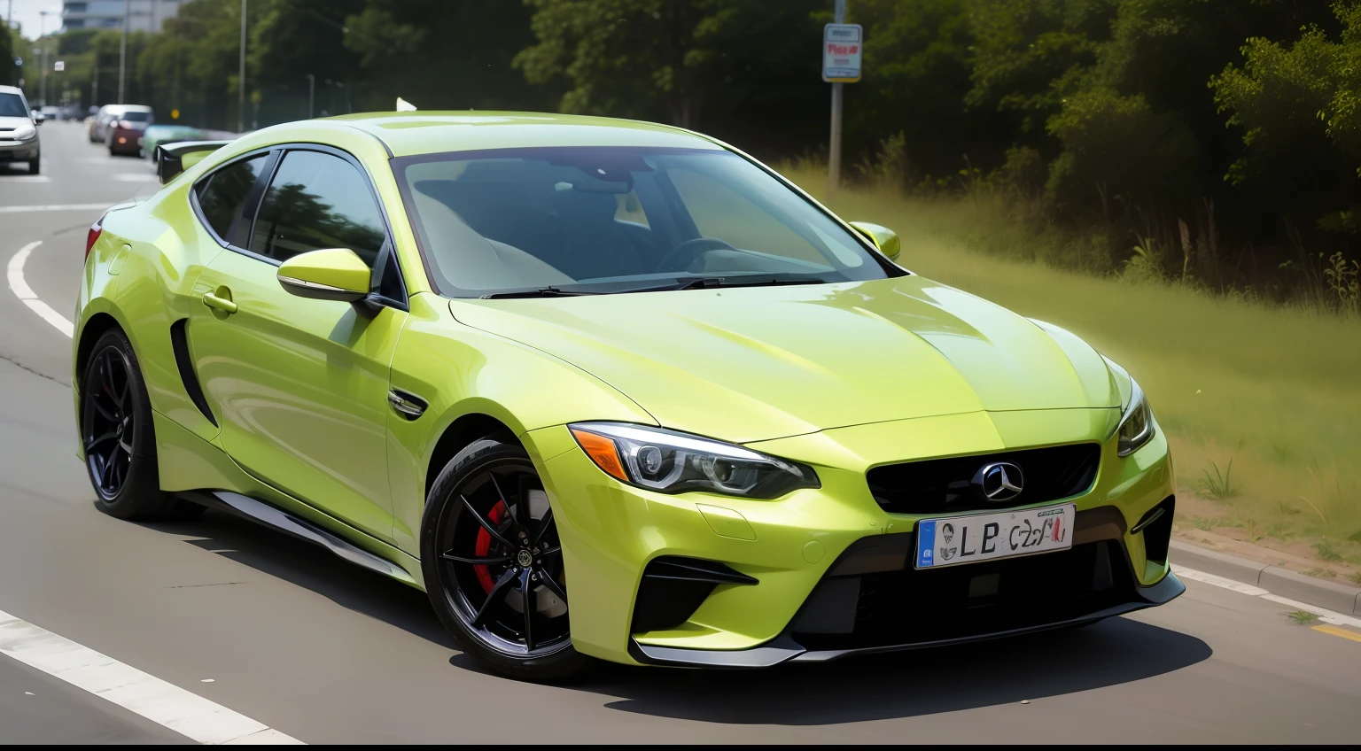 um homem dentro de um carro transparente, com pneus neon verde, e lataria cristalina, com vidros de luzes de raios --auto