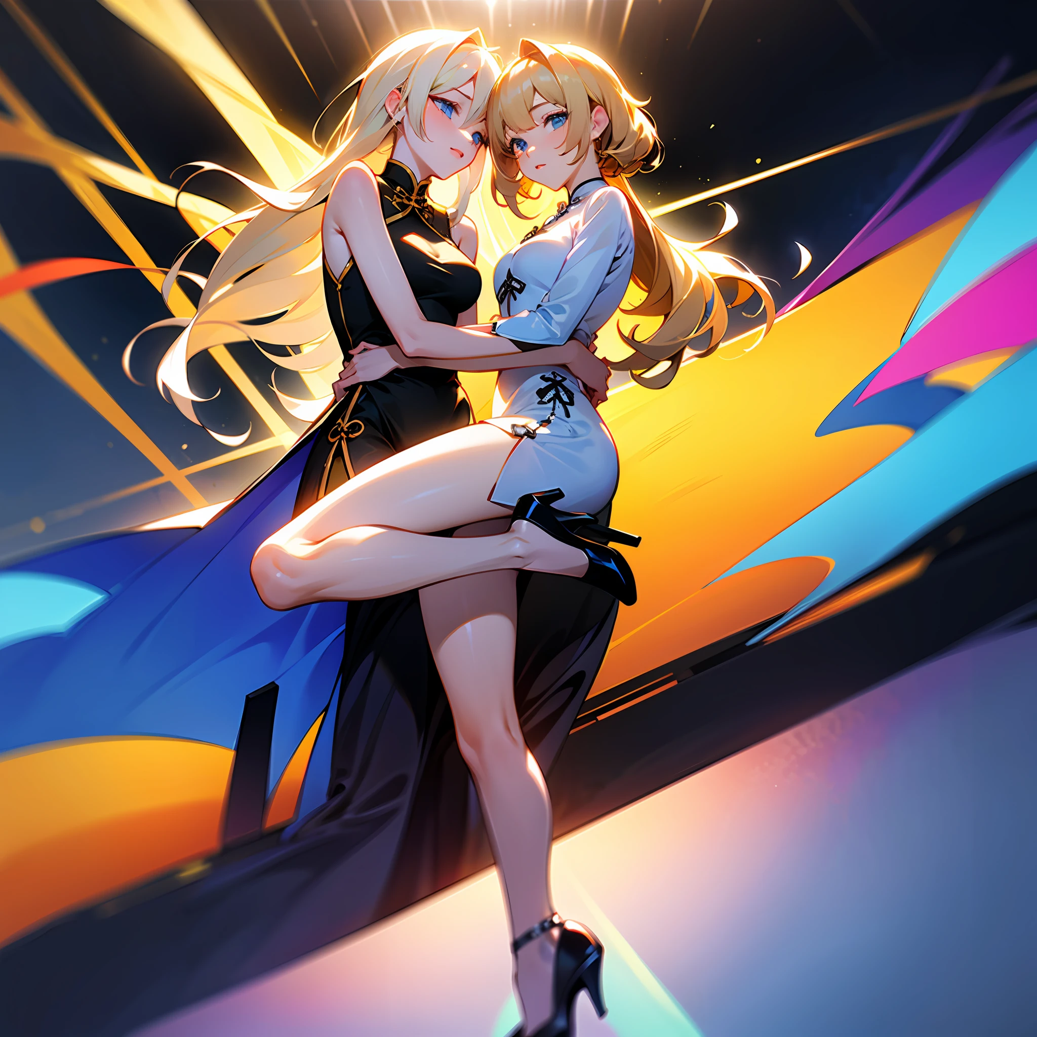 ((high qulity)), ((tmasterpiece)), 8K, Single girl, on cheongsam, llight rays, the Extremely Detailed CG Unity 8K Wallpapers, GameCG, looking at viewert, High heels, full bodyesbian, Beth, Light blonde,Sky blue eyes