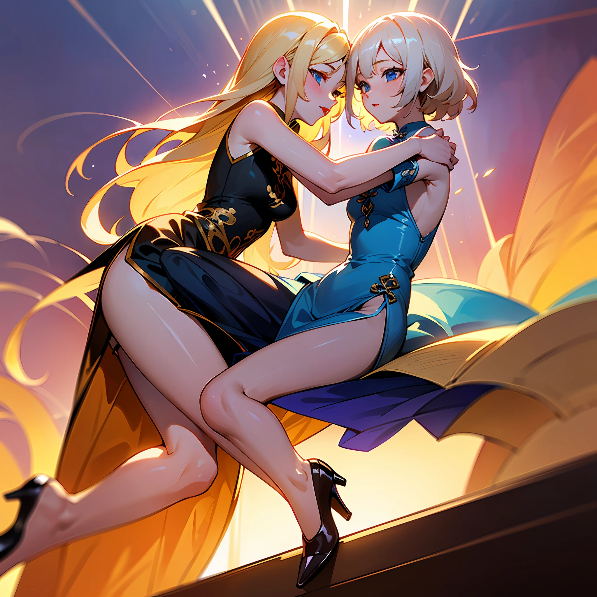((high qulity)), ((tmasterpiece)), 8K, Single girl, on cheongsam, llight rays, the Extremely Detailed CG Unity 8K Wallpapers, GameCG, looking at viewert, High heels, full bodyesbian, Beth, Light blonde,Sky blue eyes
