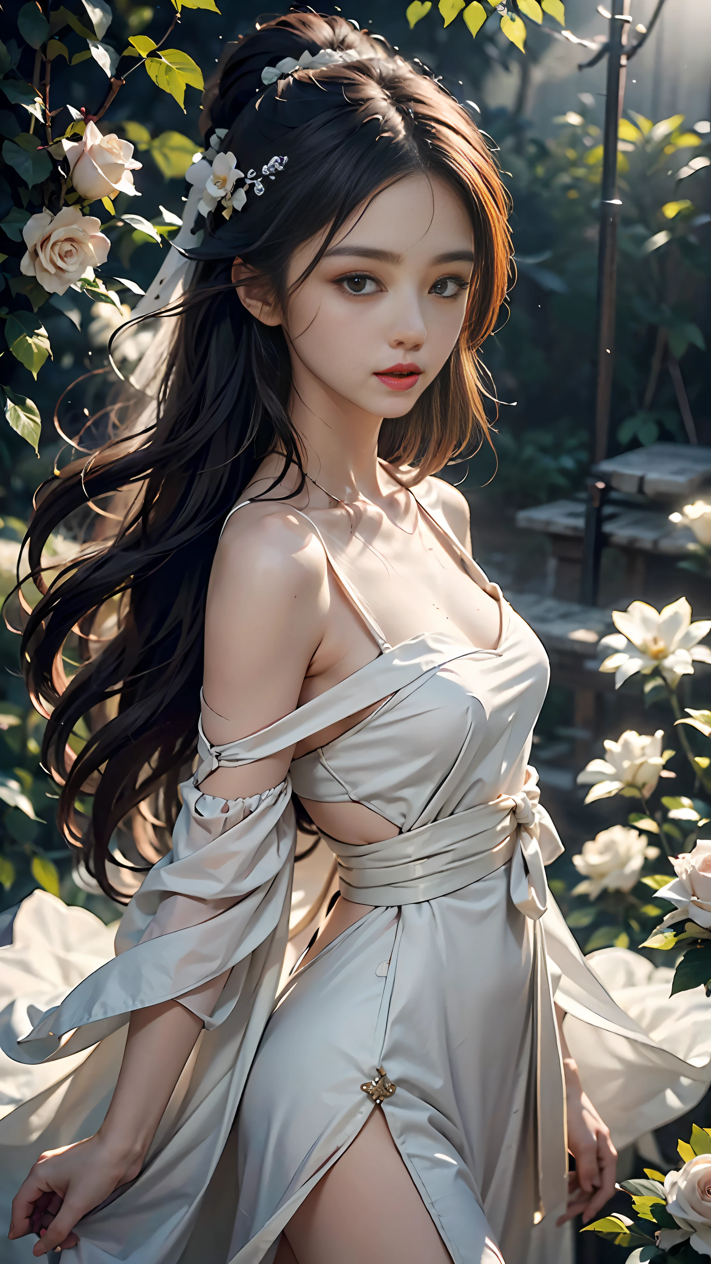 (Perfect body and face) wearing a hanfu，Stand in a sea of flowers，Surrounded by white roses，(Detailed CG，8K high quality，Wide light and high contrast)shallowdepthoffield，Elaborate Eyes，Long shoulder-length hair fluttered in the wind，Bright contrast，(Backlight and backlight，Shining clarification)Sharp focus，All represented there in RAW color photos。