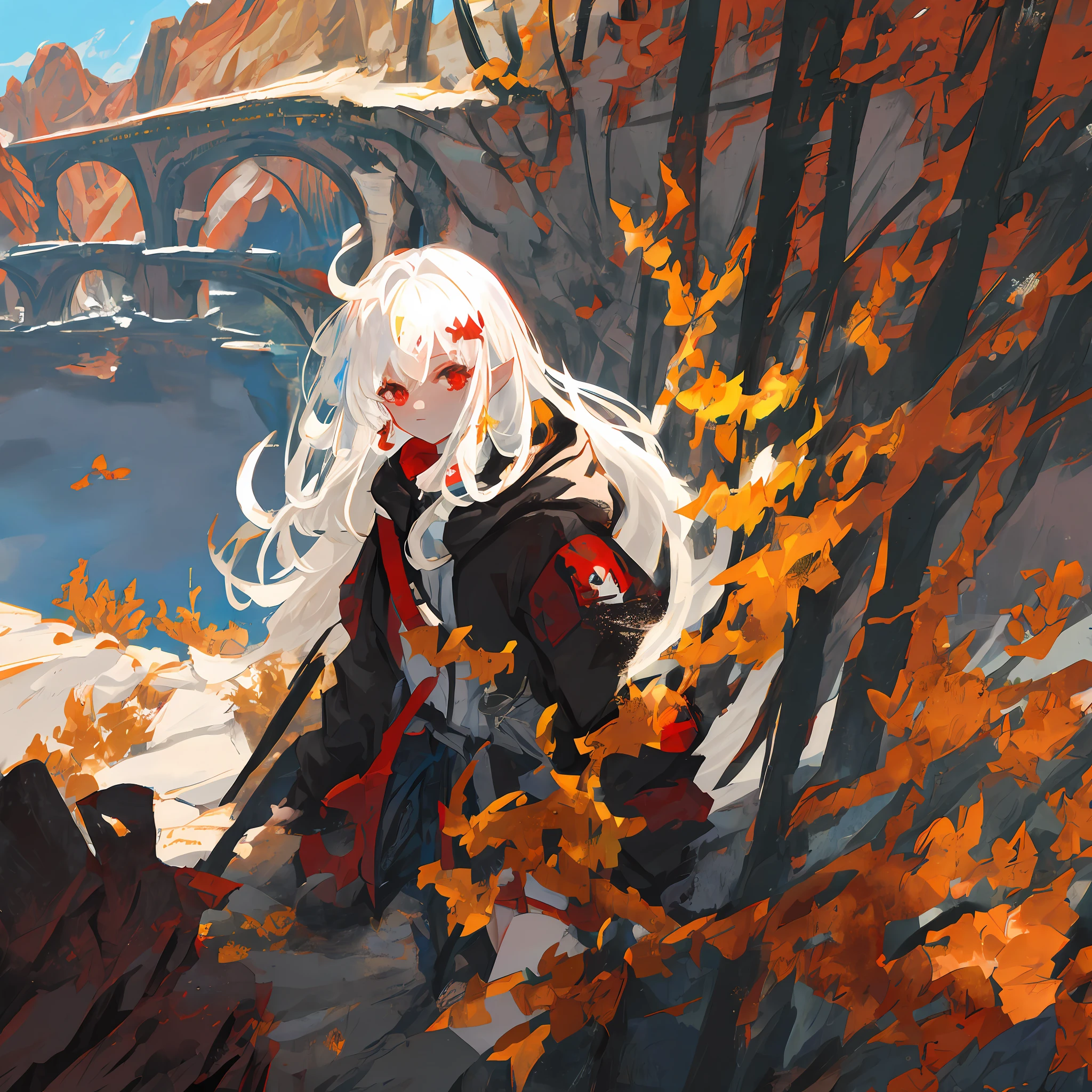 White-haired, red-eyed adventurer style, long-eared battle damage, beautiful girl in the canyon superb view