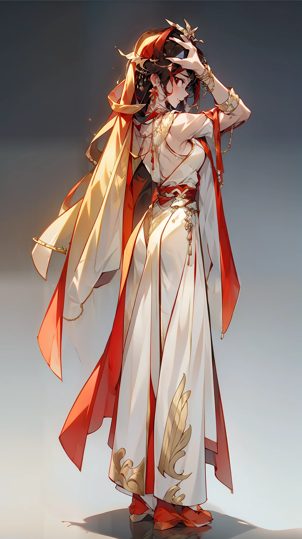 （NOhumans：1.5），（clothing design）， tmasterpiece， Ultimate，（a color），Ancient Chinese clothes，Western Regions clothing，gossamer，gold chains，red color Hanfu，Phnom Penh embroidery，gameicon，