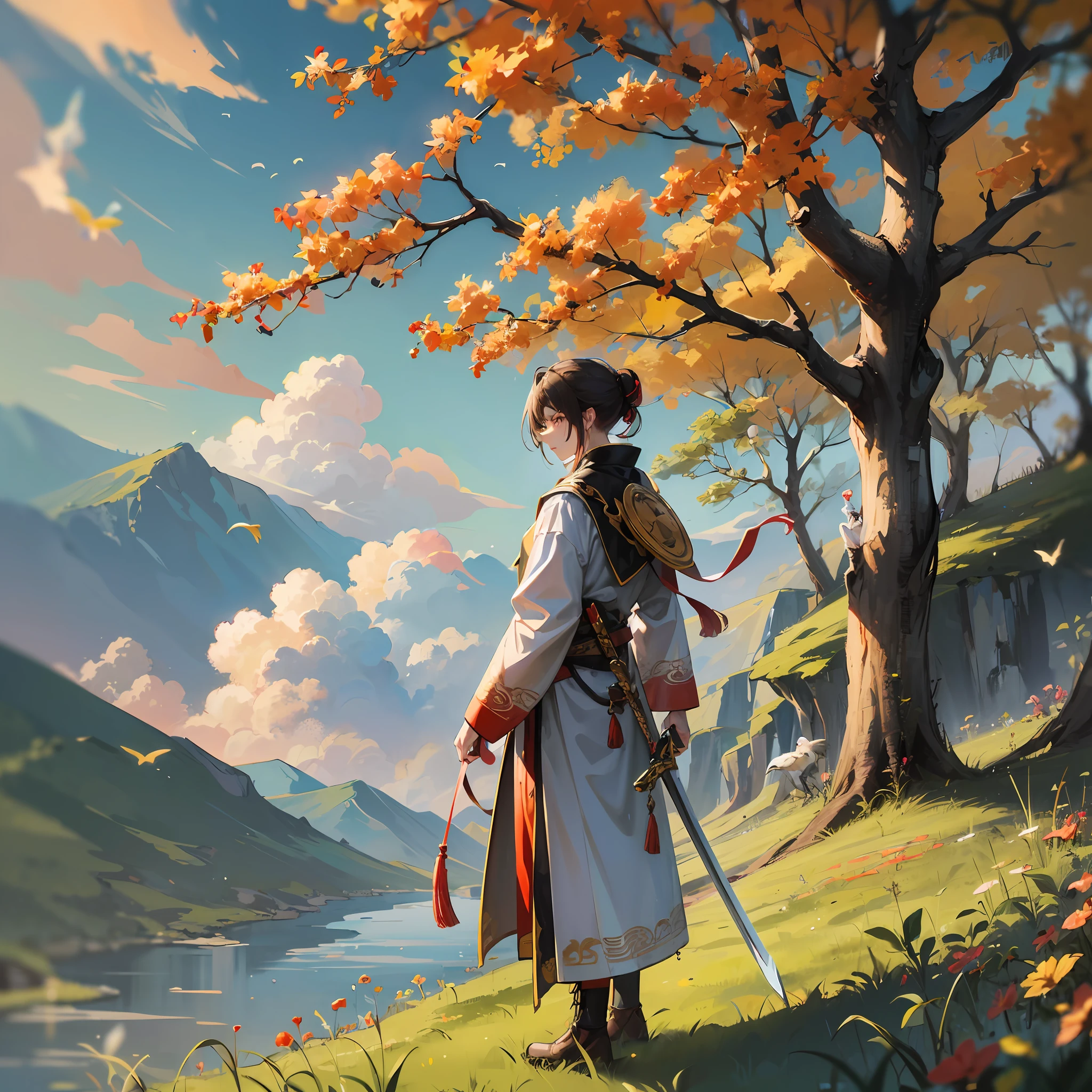 (Image quality tag,Drawing style tag)The tall male swordsman carries a long sword,Dressed in a mysterious costume,Unforgettable。Not a top player, though,But there is an amazing momentum,He bowed his head and was silent,Lonely gaze into the distance,Behind them are colorful birds soaring freely,The Yangtze River stream is surrounded by clouds and mist,It creates a magnificent picture of nature。Beside him,A small yellow dog stared up curiously,It exudes a cute atmosphere that is different。 --auto