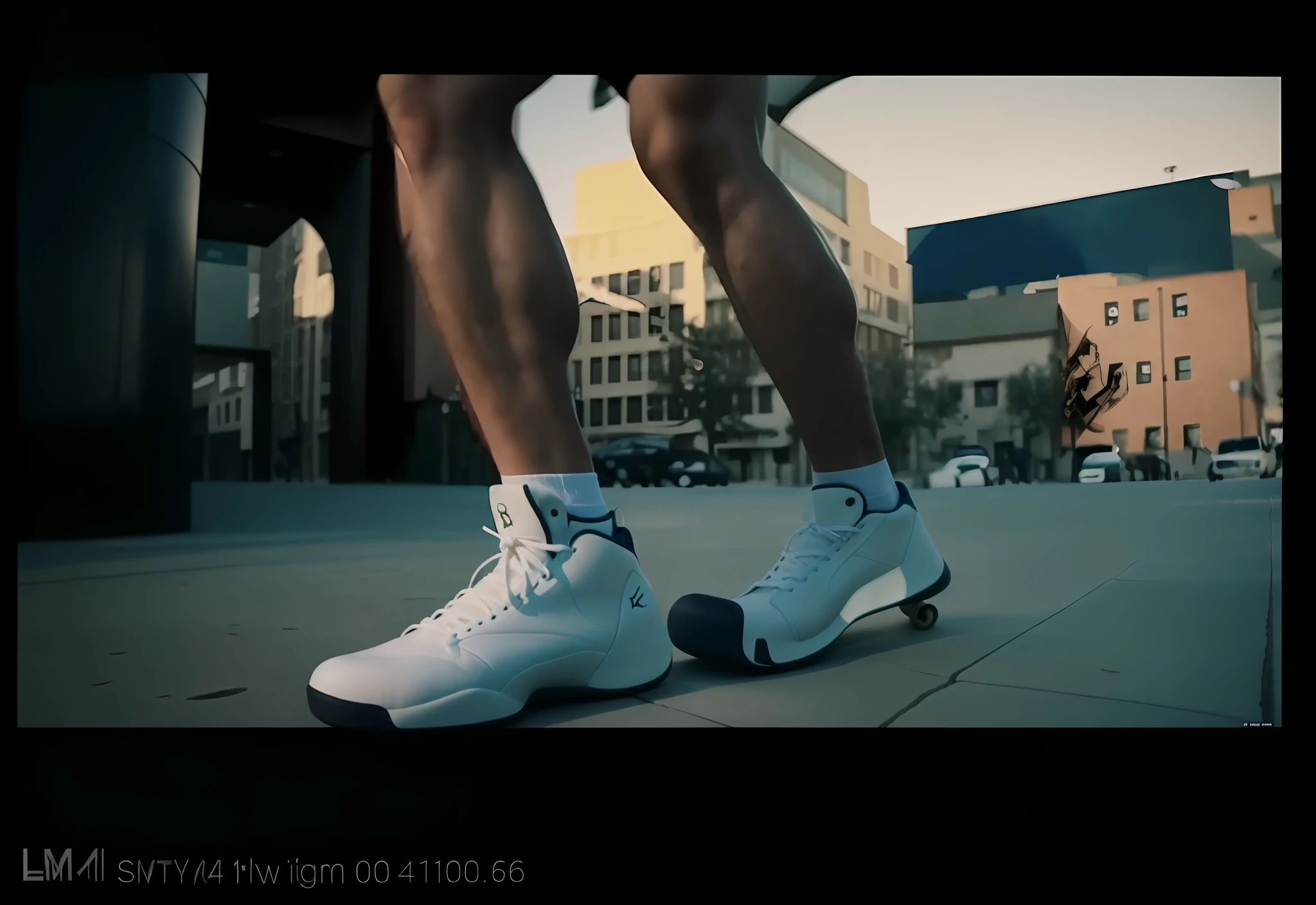 There is a man standing on a skateboard on the sidewalk, Capture the, widescreen shot, inflatable future shoes, still from a music video, YouTube video screenshots, reebok, screen cap, video still, oh oh oh,ys, Super slow motion, Jordan, Grainy, screengrab, poetic sequence in mr. Clean, ƒ/5.6