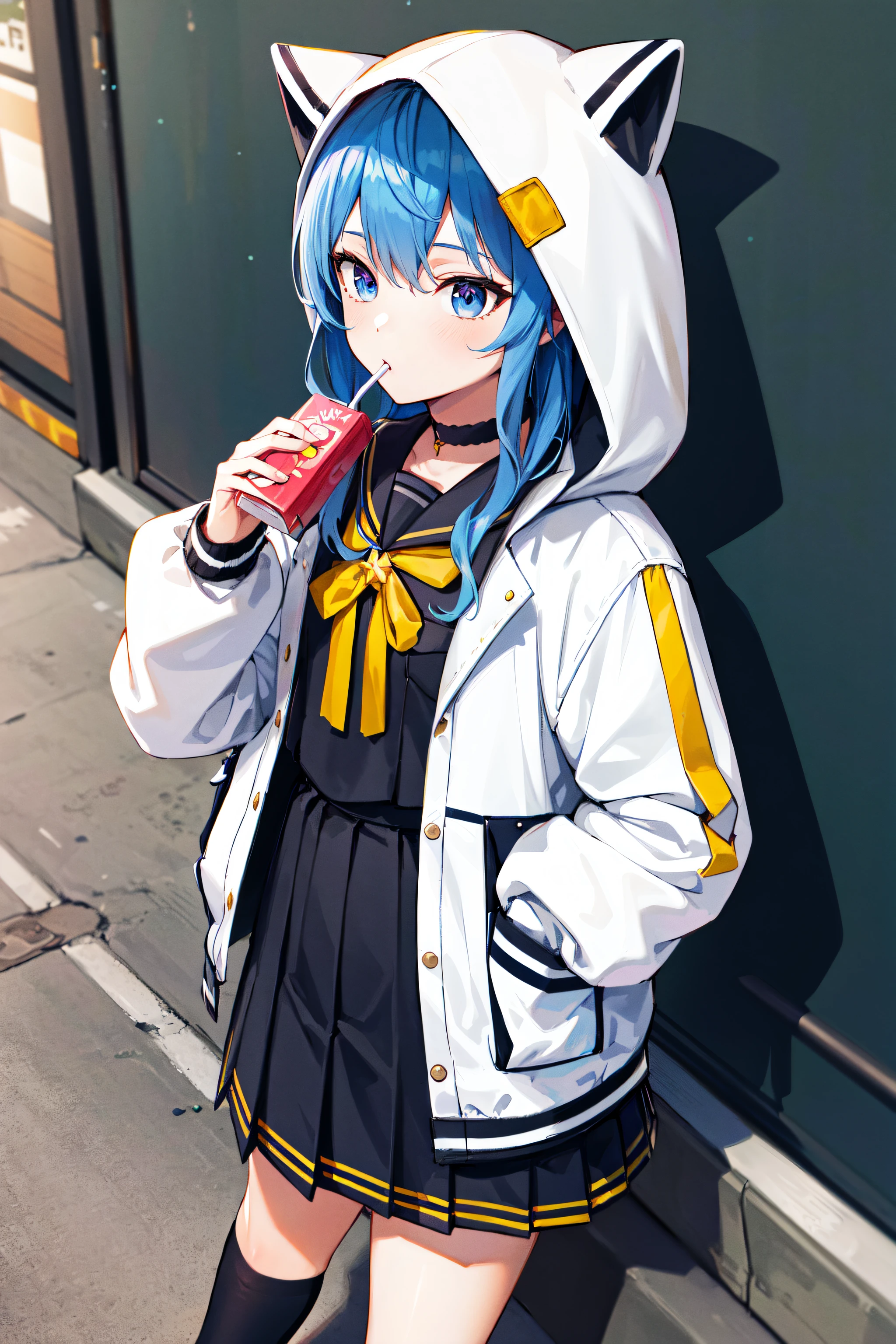 masterpiece, best quality, highres, sui3, hood up, hoshimachi suisei, solo, white jacket, animal hood, white socks, open jacket, pleated skirt, black skirt, black sailor collar, black choker, school uniform, black shirt, puffy long sleeves, cowboy shot, drinking straw, street, hand in pocket, juice,