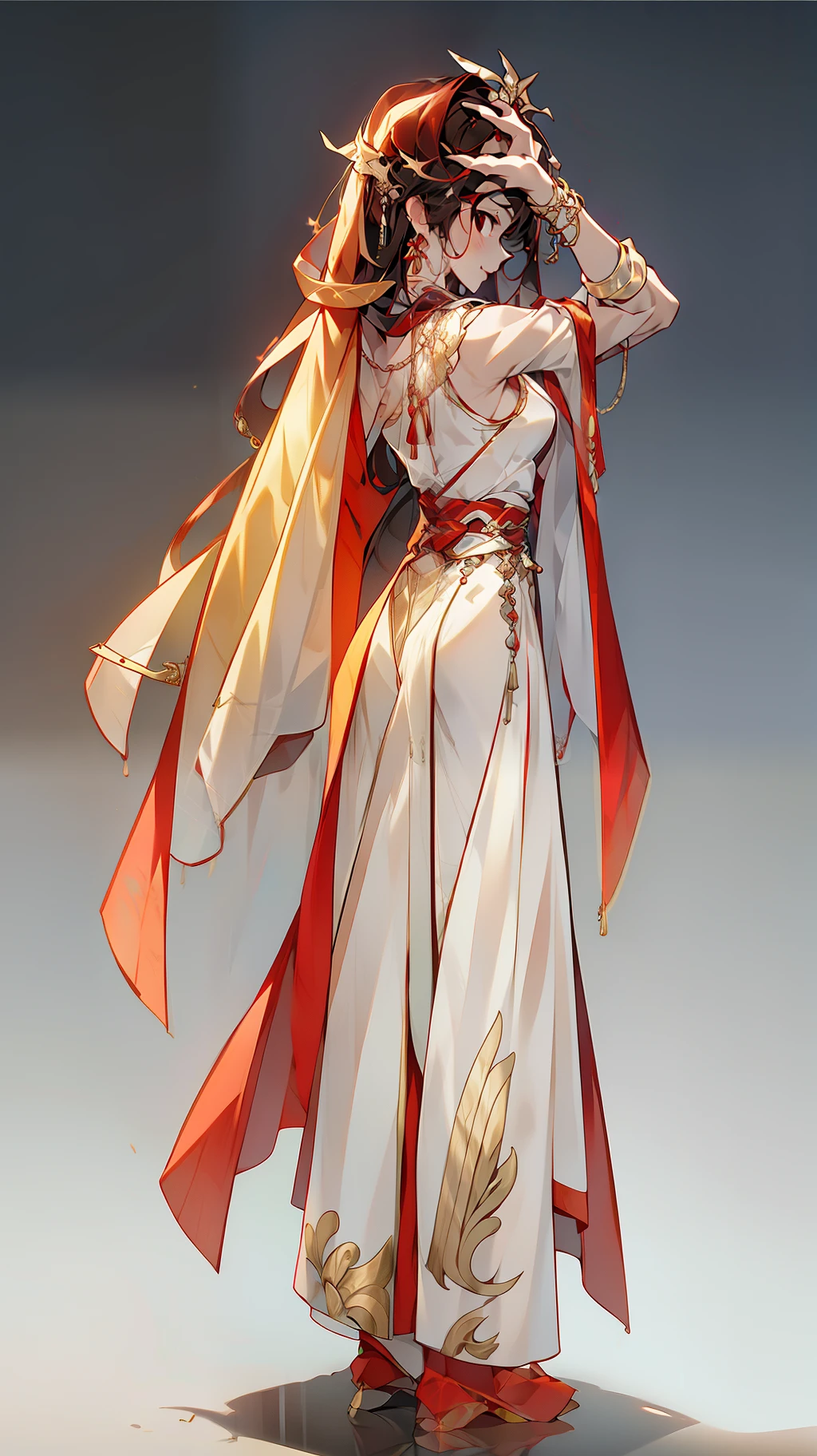 （NOhumans：1.5），（clothing design）， tmasterpiece， Ultimate，（a color），Ancient Chinese clothes，Western Regions clothing，gossamer，gold chains，red color Hanfu，Phnom Penh embroidery，gameicon，