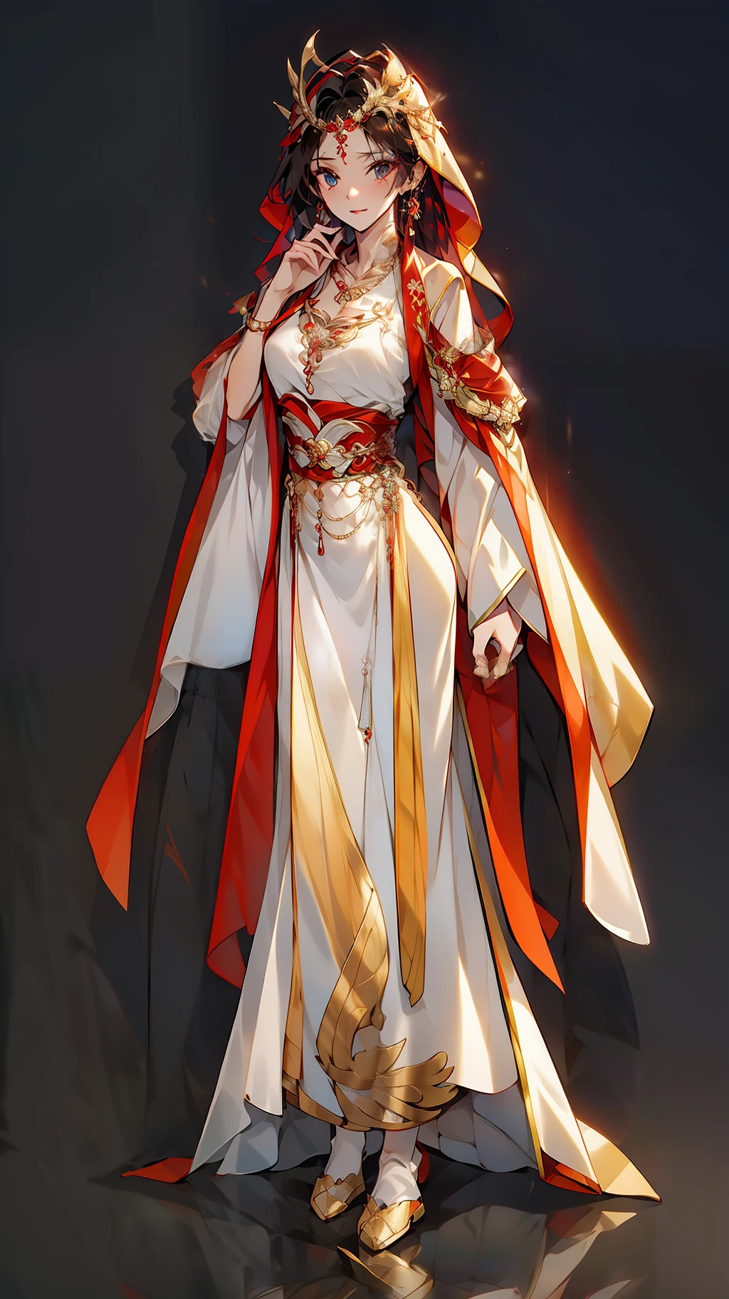 （NOhumans：1.5），（clothing design）， tmasterpiece， Ultimate，（a color），Ancient Chinese clothes，Western Regions clothing，gossamer，gold chains，red color Hanfu，Phnom Penh embroidery，gameicon，