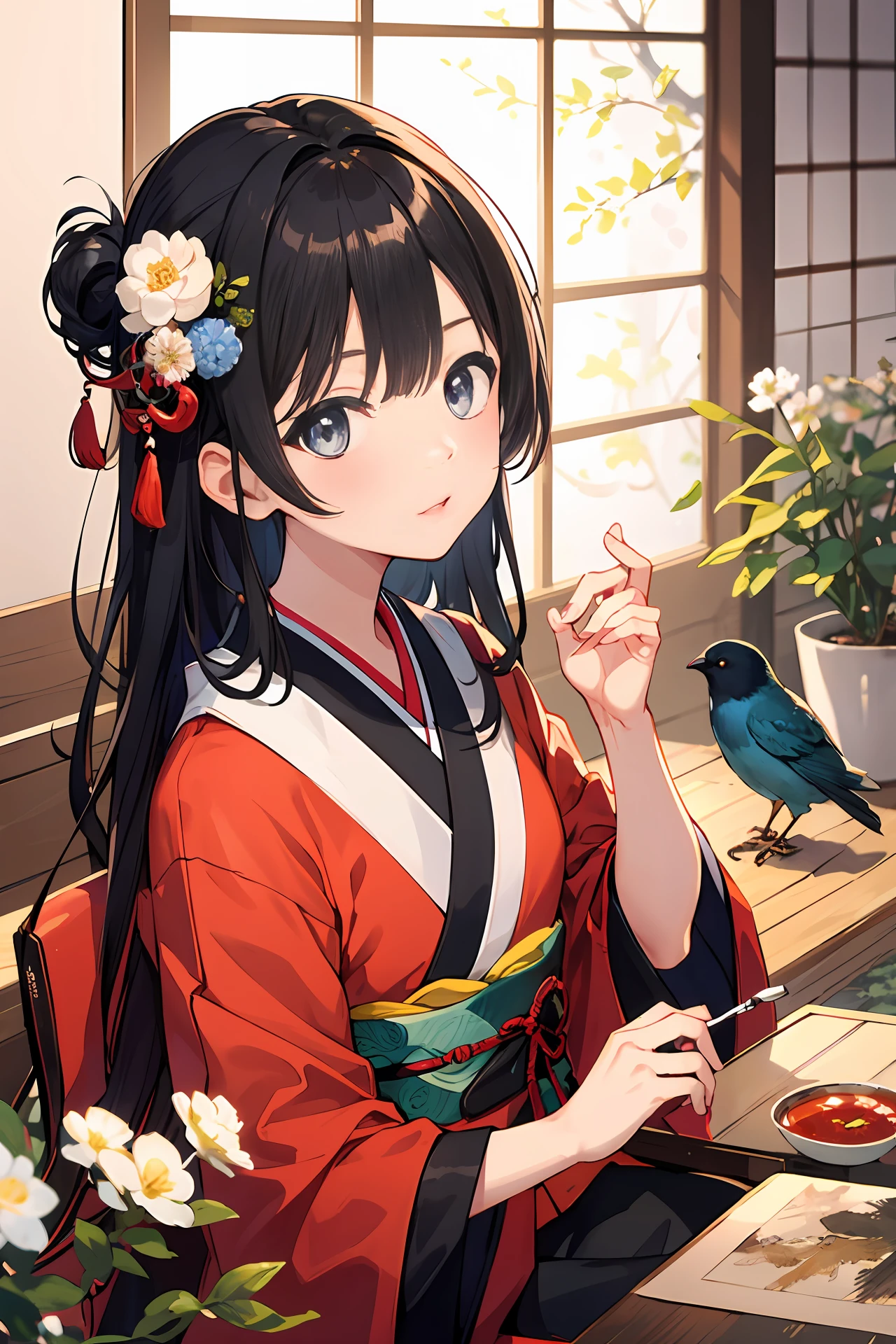 Master Pieces,hyper quality, Hyper Detailed,Perfect drawing,独奏、Beauty in the world、Komono、Japanese dress、Black-haired、Japanese hair、Colorful Japan kimono、Nishijin Ori、Delicate and smart eyes、Half-open lips、sidelong glance、Graceful、Gorgeous、Beautiful、red blush(0.2)、Dazzling、Stunning、Gorgeous、Gentle、Shunguang、natural soft light、Flowers and Birds Fugetsu、traditional Japanese room、Accurate drawing、Detailed drawing