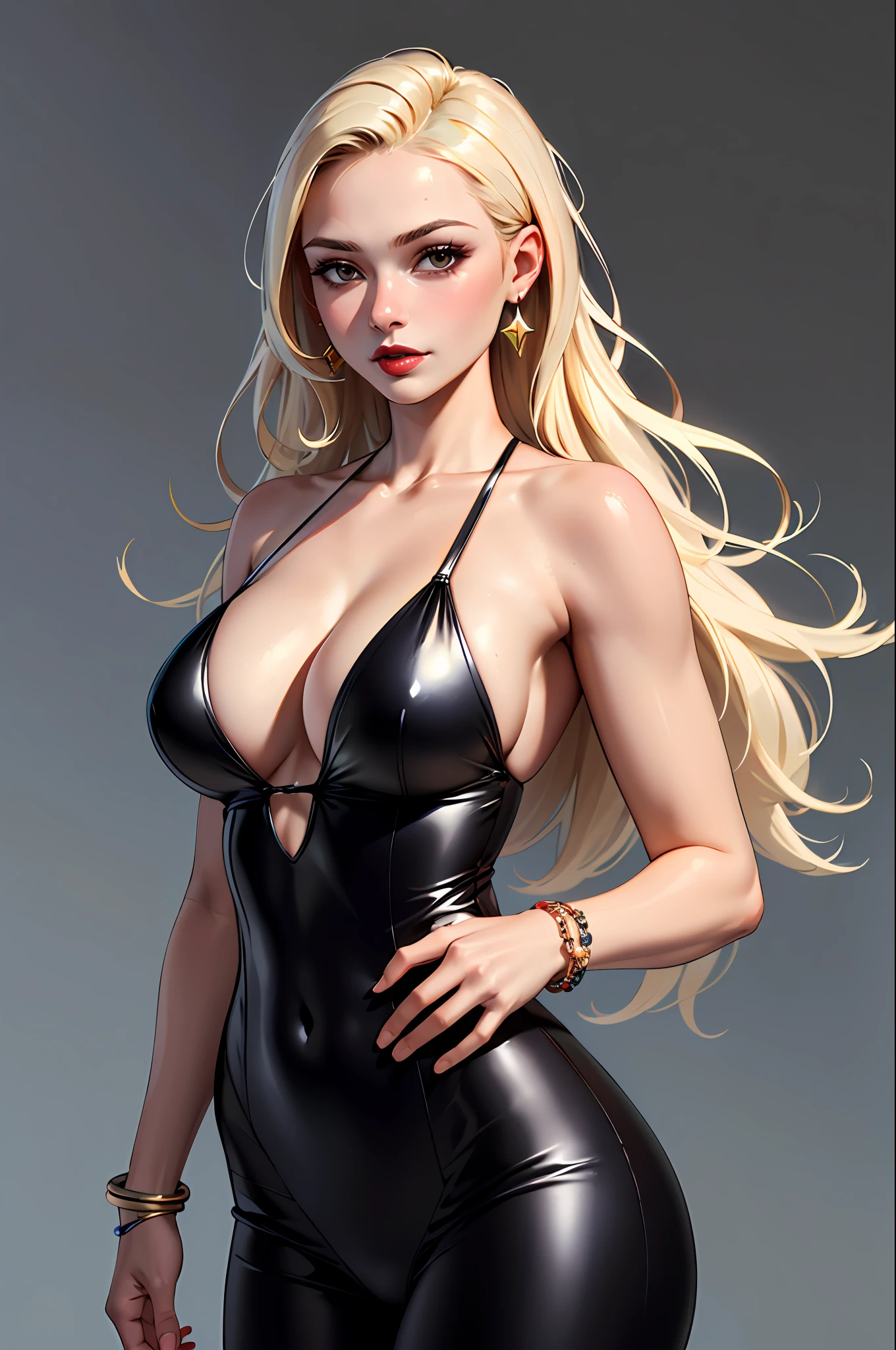 (​masterpiece:1.4)、(top-quality:1.4)、
1girl in, Black dress swimsuit,blonde  hair,  A bracelet, jewely, large full breasts, length hair, looking at the viewers, simple background, 独奏 ,realisitic,(shinny skin),(​masterpiece:1.4),(top-quality:1.4),red-lips