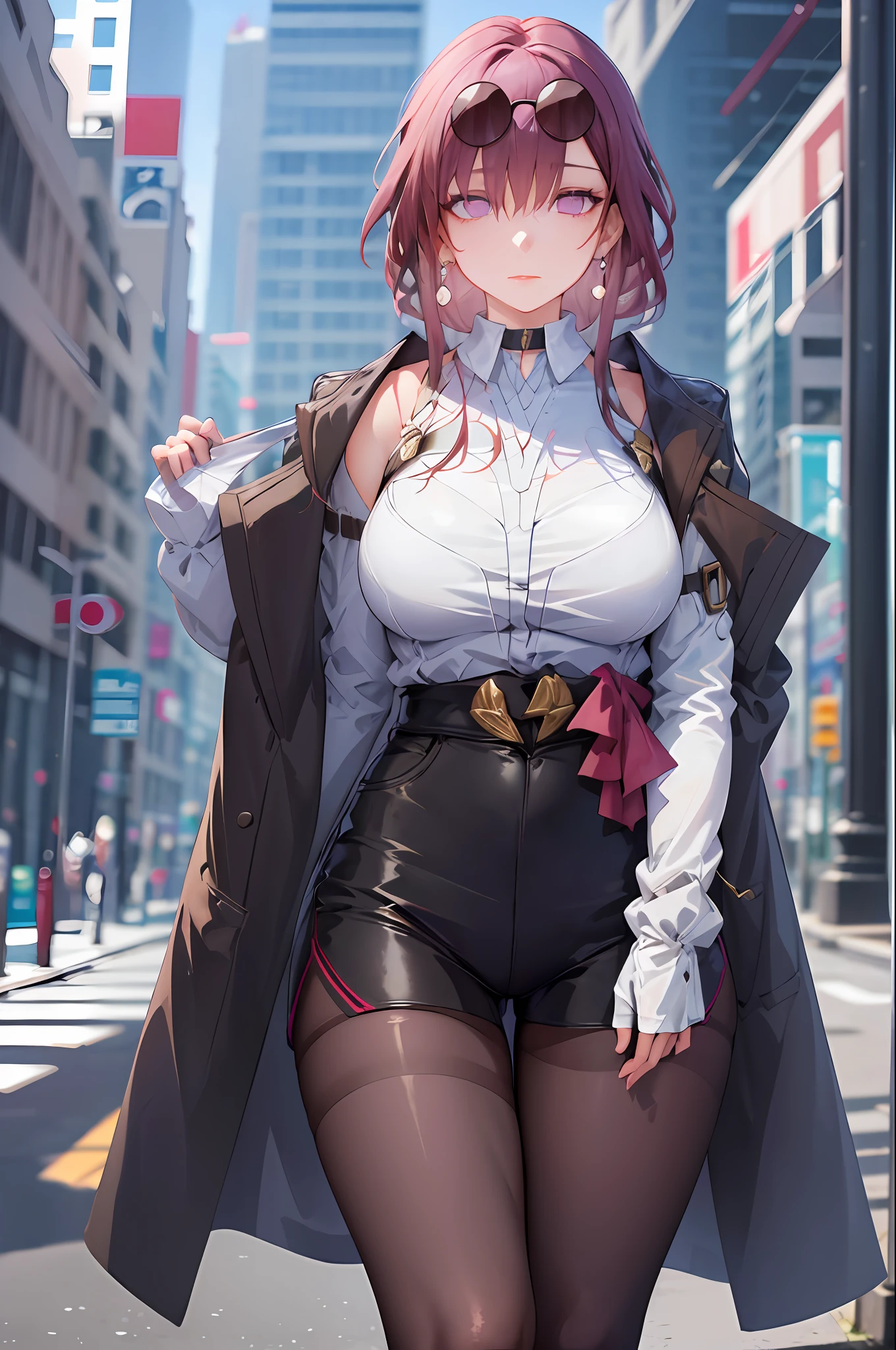 masterpiece, best quality, 1girl, skinny, large breasts,  official,shirt, (undressing:1.4),    pantyhose, eyewear on head,  purple eyes, empty eyes, earrings,  street, nsfw