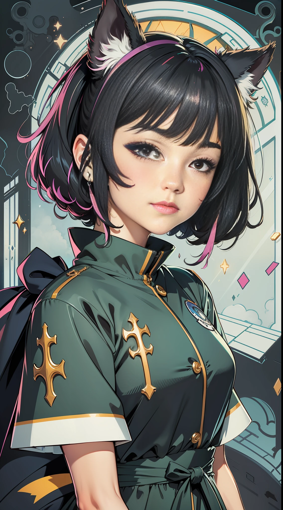 black hair, hair bobbles, wince, longeyelashes, solid circle eyes, fake animal ears, light smile, ear blush, fang, Best quality in church background 2D graphics religious, streaked hair, short twintails, very short hair, bandage on, frown, pout, Surrealism, drop shadow, anaglyph, stereogram, tachi-e, pov, atmospheric perspective, Ghibli-like colours, Luminism, god rays, 8k, super detail, ccurate
