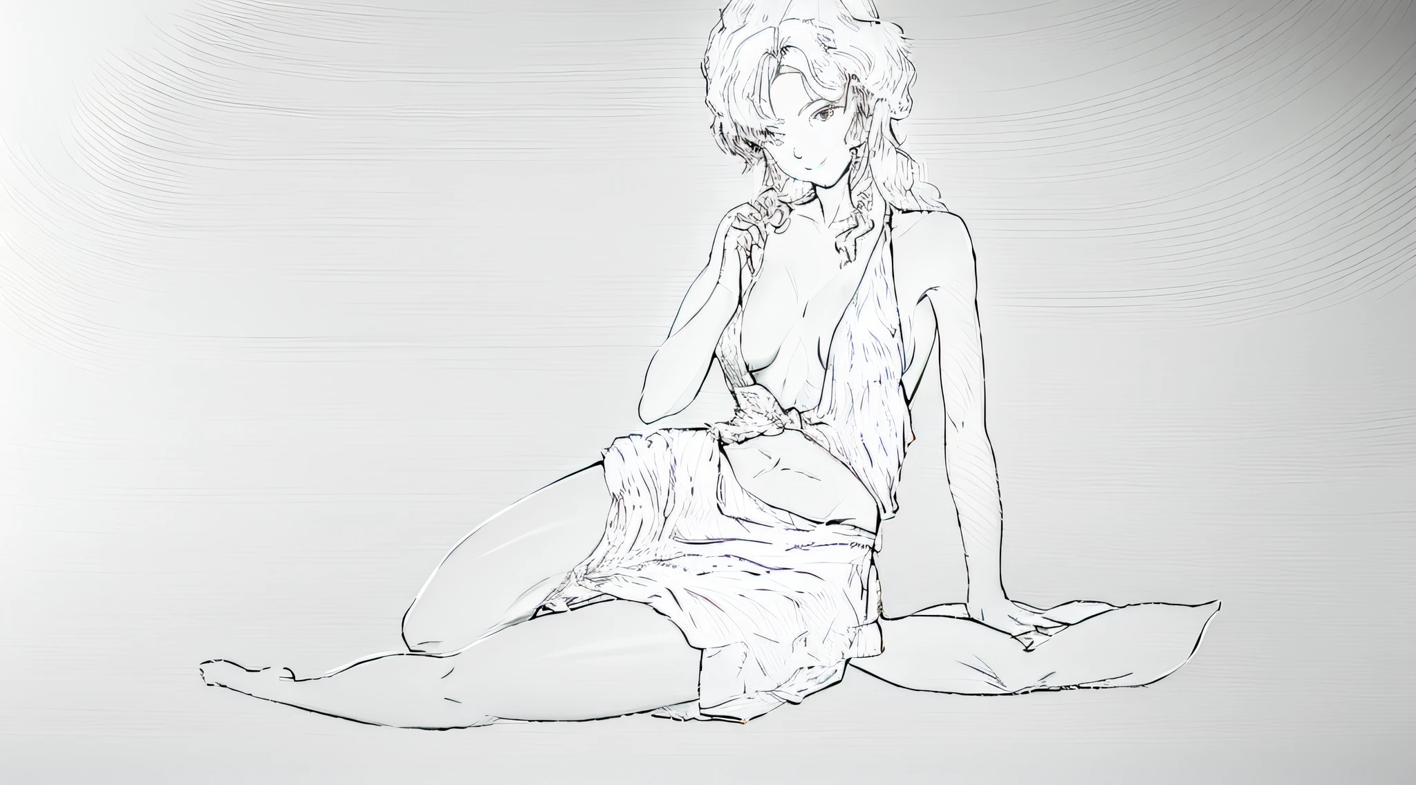 a drawing，A woman sits on the ground，legs crossed, Sexy pudica pose gesture, perfect lineart, Simple lines of art, clean lineart, bold lineart, Line sketch, seductive reclining pose, thin line art, thoughtful pose, Sit Pose, seductive seated pose, relaxed poses, thick lineart, thinking pose, Line art!!