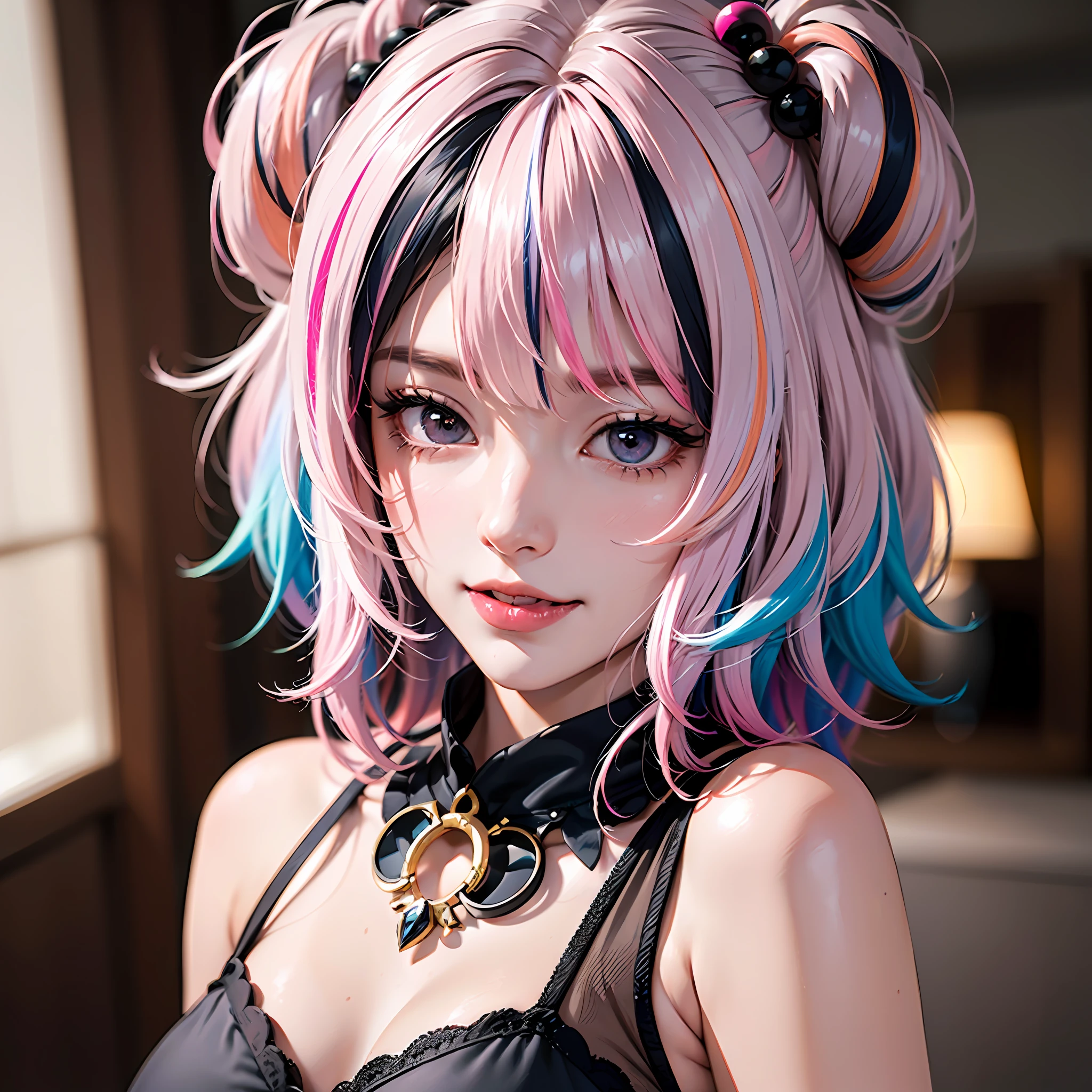 1girl,black hair, black top, hair bobbles, wince, longeyelashes, solid circle eyes, light smile, ear blush, fang, Shaggy Short Bob with Dark Roots, Surrealism, drop shadow, stereogram, tachi-e, looking_at_viewer, atmospheric perspective, depth of field, 8k, super detail, ccurate, best quality, high details, super detail, high details, 8k, solo, tank_top,(silver hair:1.2), (pink hair:1.3) (multicolored hair:1.5), (two-tone hair:1.2), (gradient hair:1.3)