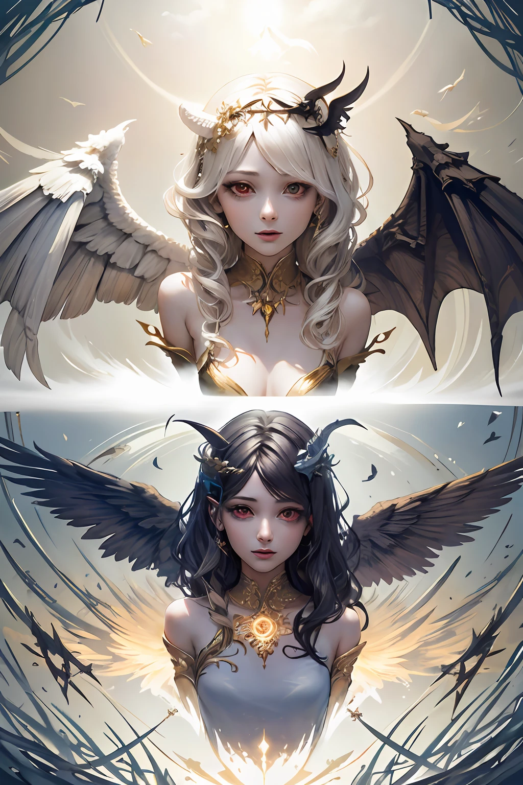 (tmasterpiece,top Quority,best qualtiy,offcial art,Beauty and aesthetics:1.2),(1girll),Extremely detailed,(s fractal art:1.3),twins+angel girl+Devil Girl:1.3+Wings
