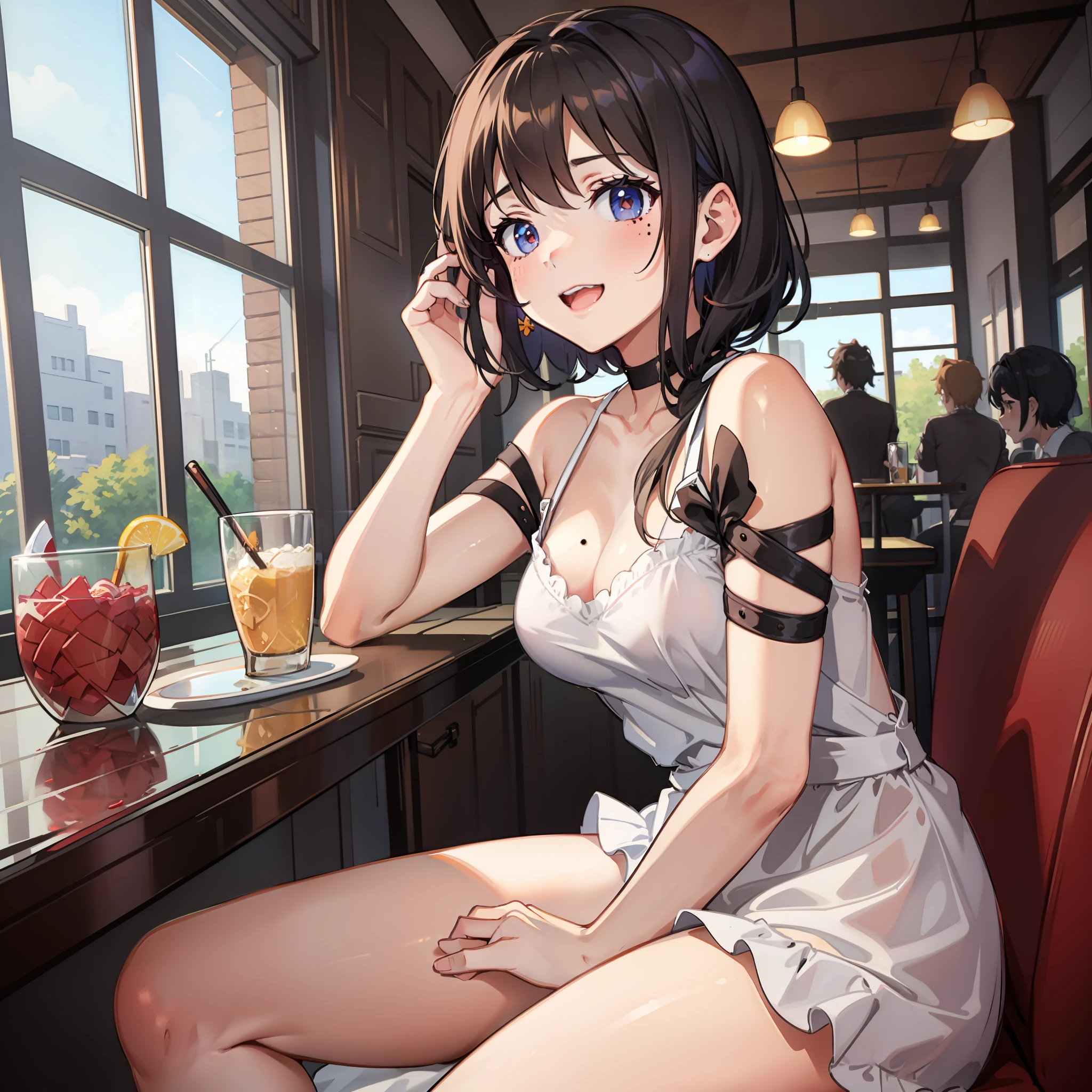 Moles under eyes，having fun，ssmile，brunette color hair，short detailed hair，s girl，Eyes half-open，Sit in the restaurant by the window，Small and delicate breasts，White legs，delicated，adolable，anime big breast