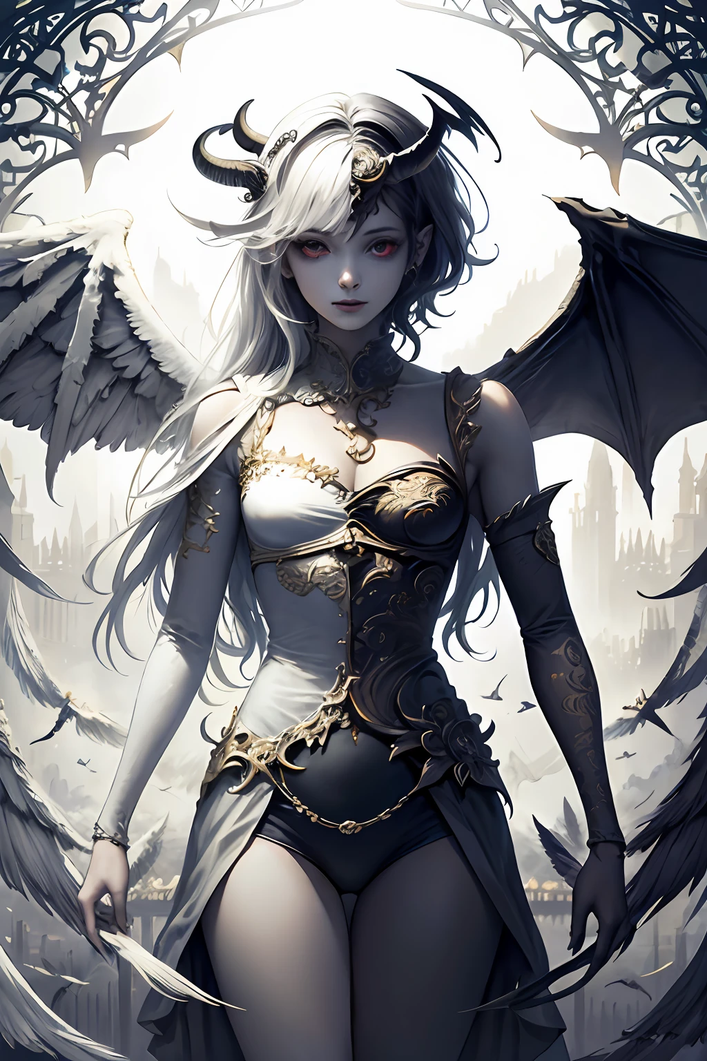 （tmasterpiece，top Quority，best qualtiy，offcial art，Beauty and aesthetics：1.2），（1girll），Extremely detailed，（s fractal art：1.3），twins+angel girl+Devil Girl:1.3+Wings