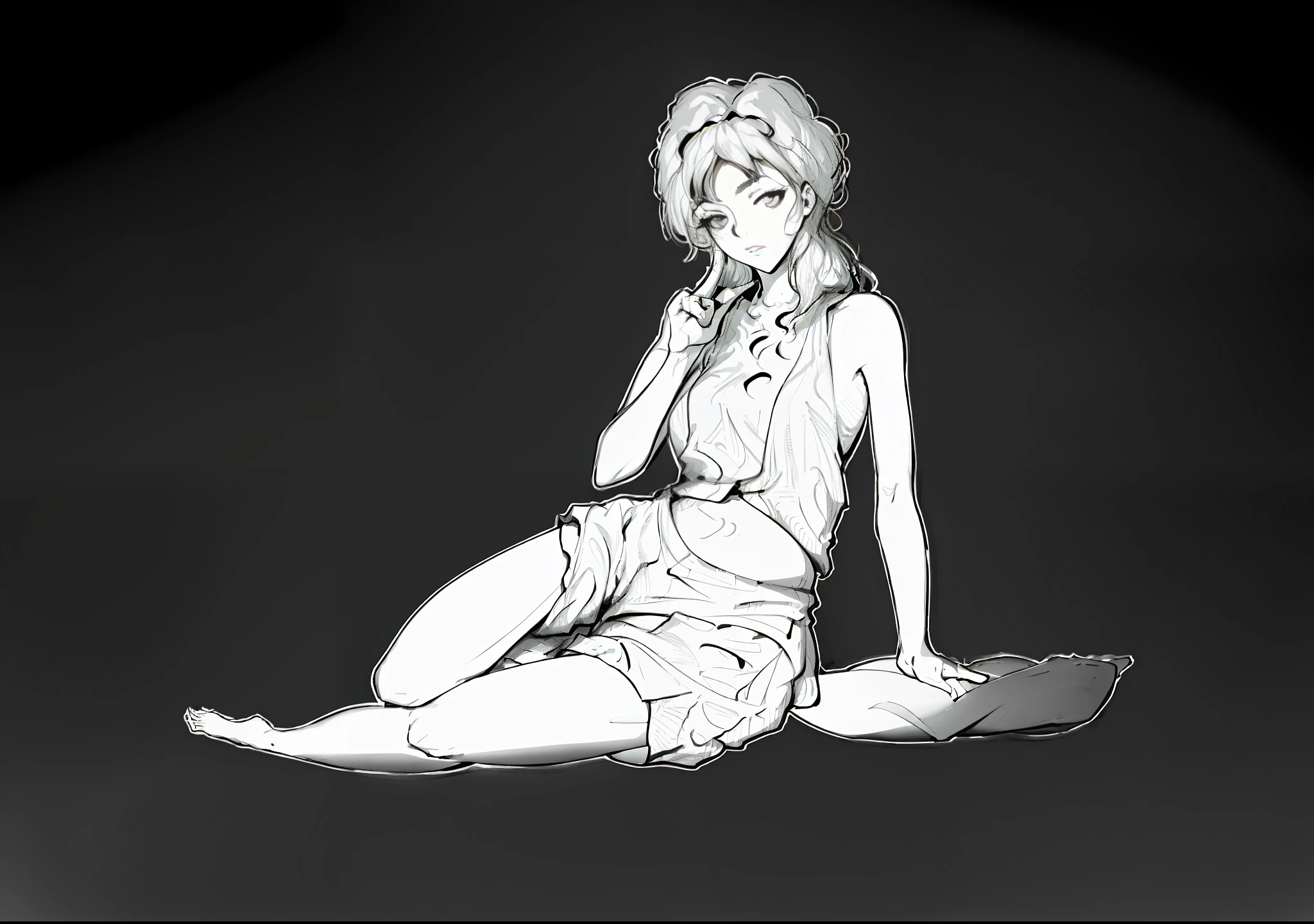 a drawing，A woman sits on the ground，Legs crossed, Sexy pudica pose gesture, perfect lineart, Simple lines of art, clean lineart, bold lineart, Line sketch, seductive reclining pose, thin line art, thoughtful pose, Sit Pose, seductive seated pose, relaxed poses, thick lineart, thinking pose, Line art!!