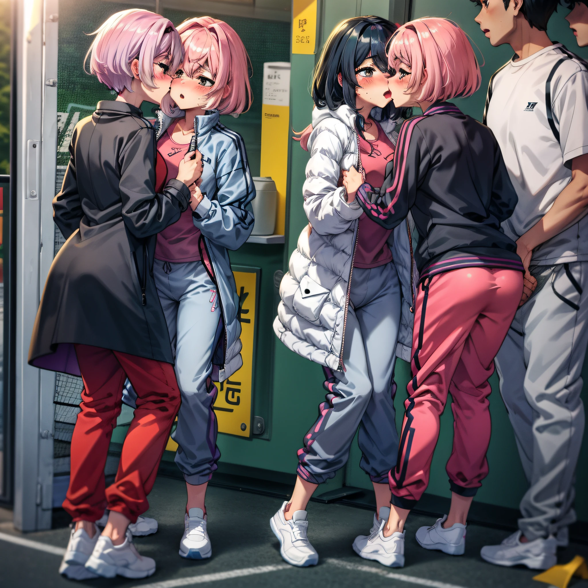 tennis coat、obscenity:1,2、Metamorphosis:1,2、NSFW:1,2、Lesbian Mika:1,2、Grabbing each other's buttocks、the kiss、涎、tongue、red blush、Joggers、track pants、tre anatomically correct