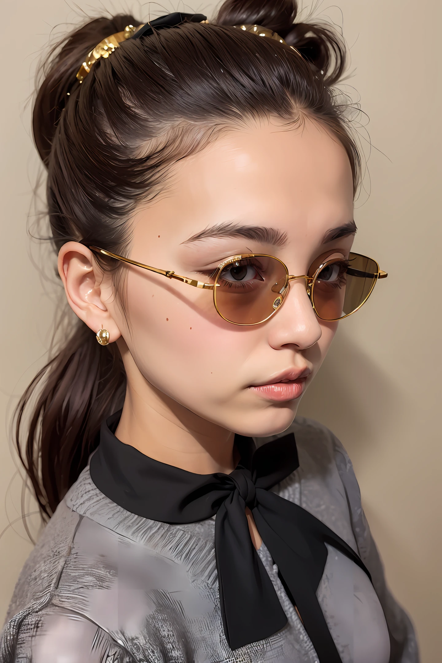 Black bow single ponytail small face gold glasses