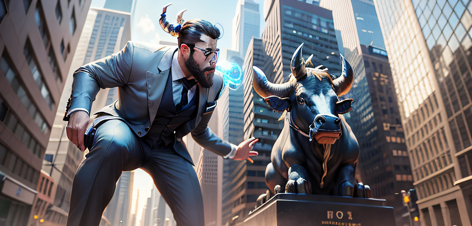 a man with a suit and small beard next to Arafed Bull Statue in front of a building in a futuristic city, hiper altista, Wall Street, Touro, trending on markets, O melhor no Adobe Stock, um boi, Steel Bull Run, Minotauro, Touro Dourado, shockwaves are coming out