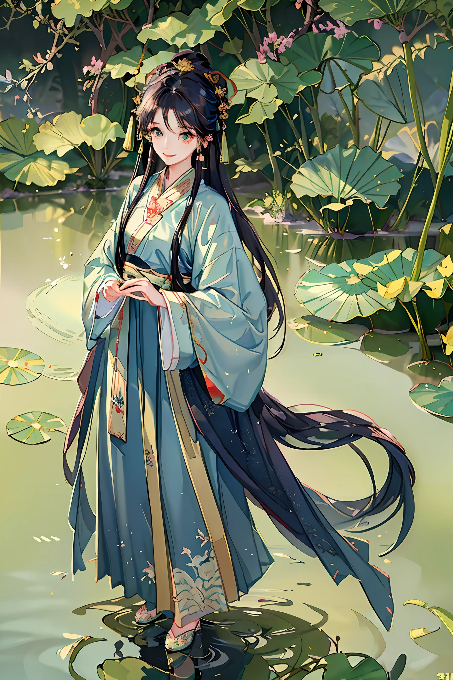 ((4k,masterpiece,best quality)), shuimobysim, traditional chinese ink painting, lotus, hanfu, maxiskit, dress conservatively 1girl, solo, long blue hair, smile, standing, feet in the water, barefoot,