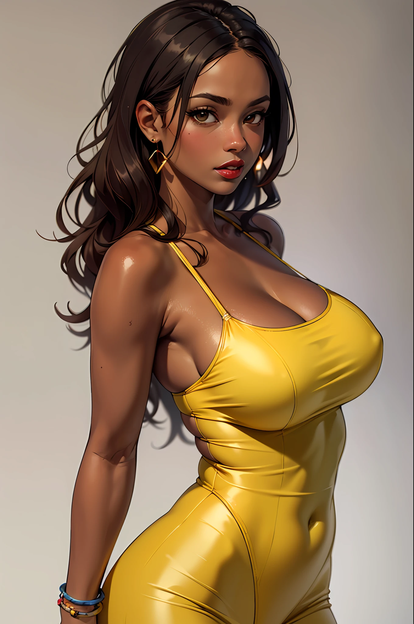 (masterpiece:1.4)、(top-quality:1.4)、
1girl in, Yellow dress swimsuit,A dark-haired, Brown-skinned), A bracelet, jewely, large full breasts, length hair, looking at the viewers, simple background, 独奏 ,realisitic,(shinny skin),(masterpiece:1.4),(top-quality:1.4),red-lips