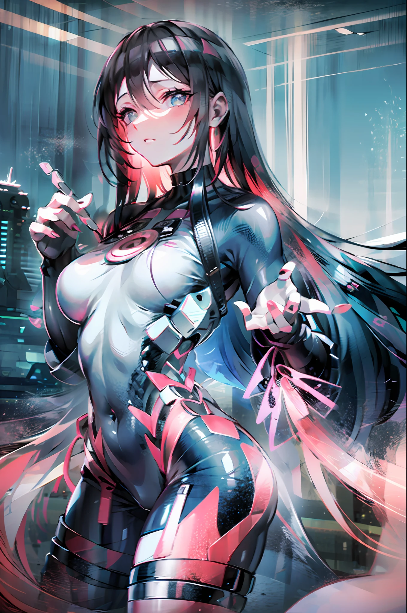 Beautiful woman with long black hair，Delicate and charming eyes ，Sexy white stockings，Wearing a pink dress，Beautiful futuristic cyberpunk + 城市，thin fog，A masterpiece of the best quality，realisticlying，A detailed，8k，HDR，shallowdepthoffield，Wide light，High contrast，Contre-Jour，Flood，Flash，color difference，Sharp focus，RAW color photo