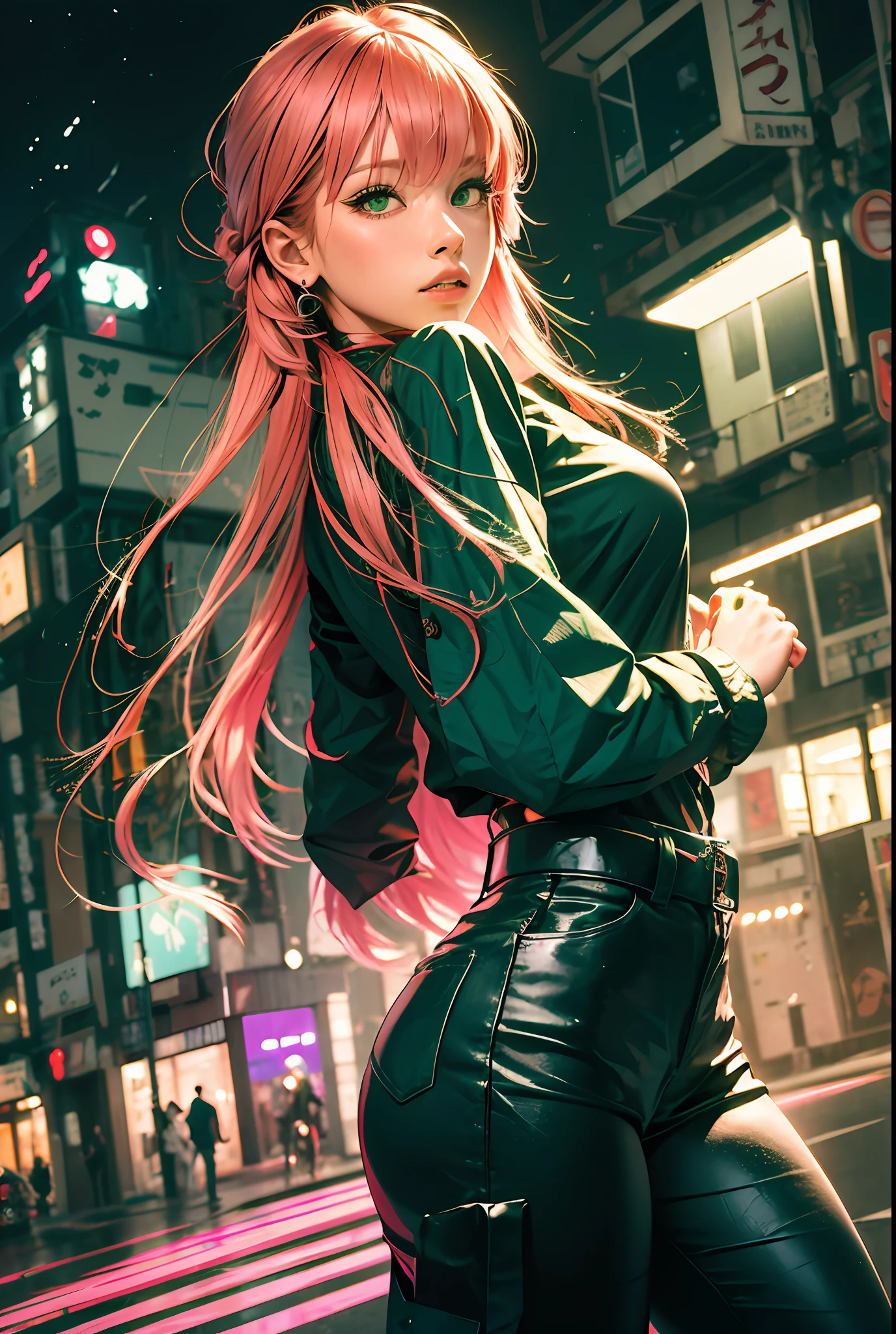 Black Pink ,Girl blouse Regatta with pink hair green eyes and a green , in the background Japanese city at night,next to a Lamborghini
