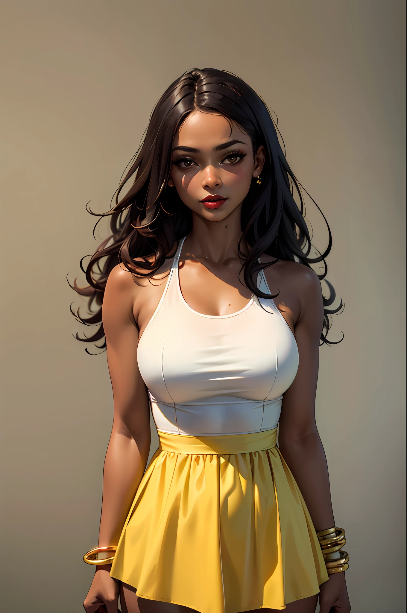 (masterpiece:1.4)、(top-quality:1.4)、
1girl in, Yellow dress swimsuit,A dark-haired, Brown-skinned), A bracelet, jewely, large full breasts, length hair, looking at the viewers, simple background, 独奏 ,realisitic,(shinny skin),(masterpiece:1.4),(top-quality:1.4),red-lips