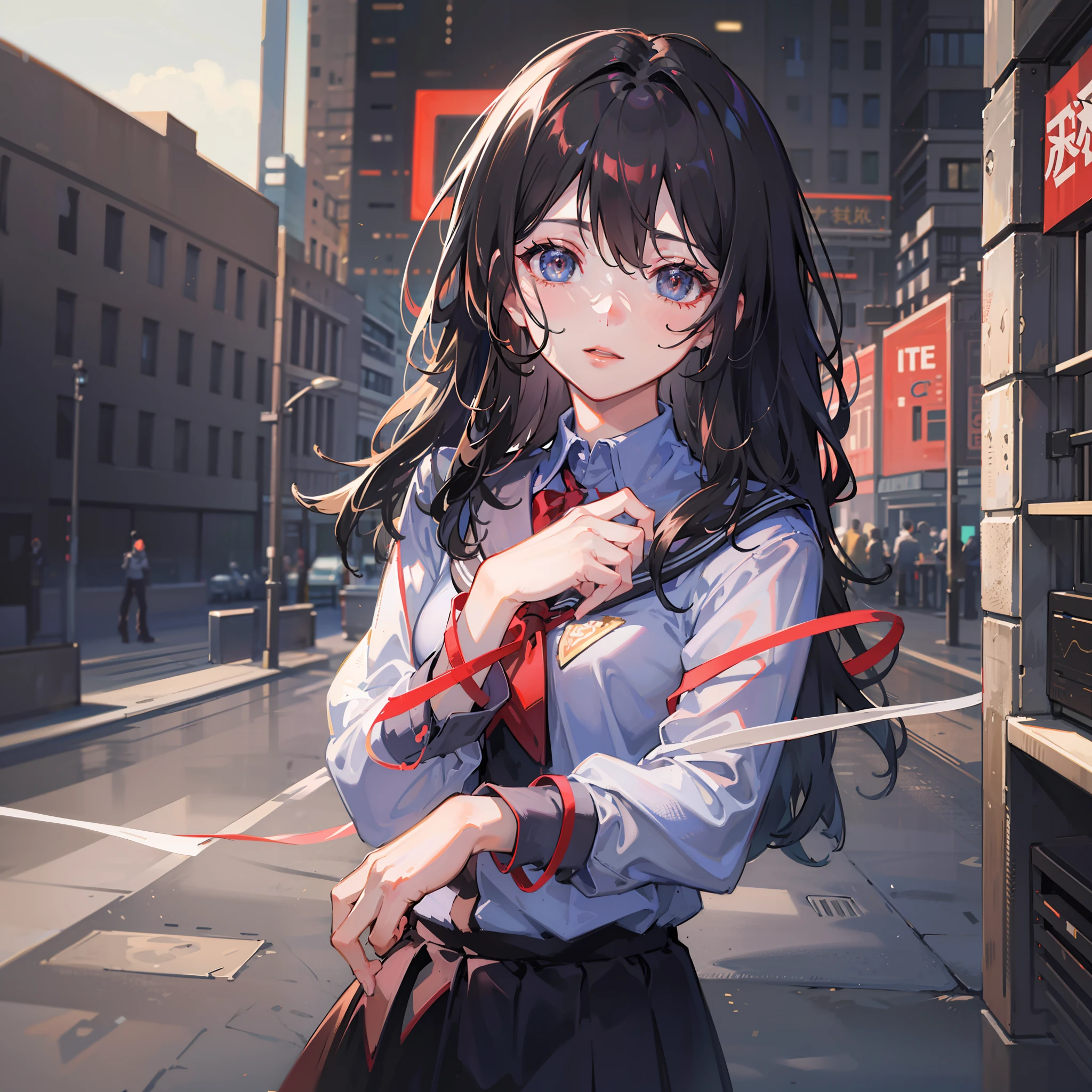 Need,tmasterpiece,A high resolution,(Delicate figure:1.5),Absolutely beautiful,(Milky skin:1.3),exquisitedetails,A high resolution,Wallpapers,1female,独奏,(Bust photo),the city street,rays of sunshine,(black long curly hair),(Red pupils),(JK school uniform),(bookbag),ssmile,Keep one's mouth shut,is shy,(looking to the camera),16k,hdr,A high resolution,depth of fields,(filmgrain:1.1),Bocoon,prime time,(lens flare glow),Vignette,rainbowing,(Color:1.5)