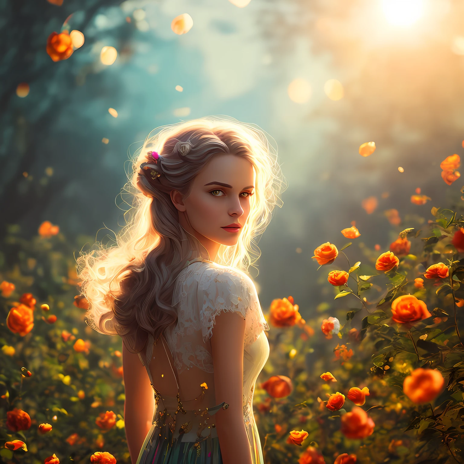 (Masterpiece:1.2), best quality, (illustration:1.2), ornate decorations,(Masterfully crafted Glow, lens flare), (ultra-detailed), hyper details, (delicate detailed), (intricate details), (cinematic light, best quality Backlights),(bioluminescent hair), (glowing eyes), (Dynamic:1.2), ((makeup)), absolutely eye-catching, prehistoric,((colourful paint splashes on background, dulux,)), ((caustic)), dynamic angle, (Captivating),(Intricately Detailed Cinematic :1.1), ambient occlusion, ambient light, ray-traced reflections,(best illumination, an extremely delicate and beautiful), ((cinematic light)), colourful, powerful, (Cinematic masterpiece),big dreamy eyes, perfect proportions, perfectly drawn face, Albedo, white hair, chains, comfortable, Intense, day, Golden sky, Inticing, illustration, Angels everywhere, yellow eyes, red roses, chains, splashes of colour, smooth soft skin, Golden Hour, atmospheric, Park, Fields, Bullets, Breath-taking, ambient light coming from sky, soft warm glow coming from chains, god rays, halo, beautiful intricate coloured hair, symmetrical, soft lighting, , concept art, digital painting, looking into scenery, realistic reflections, tracers everywhere