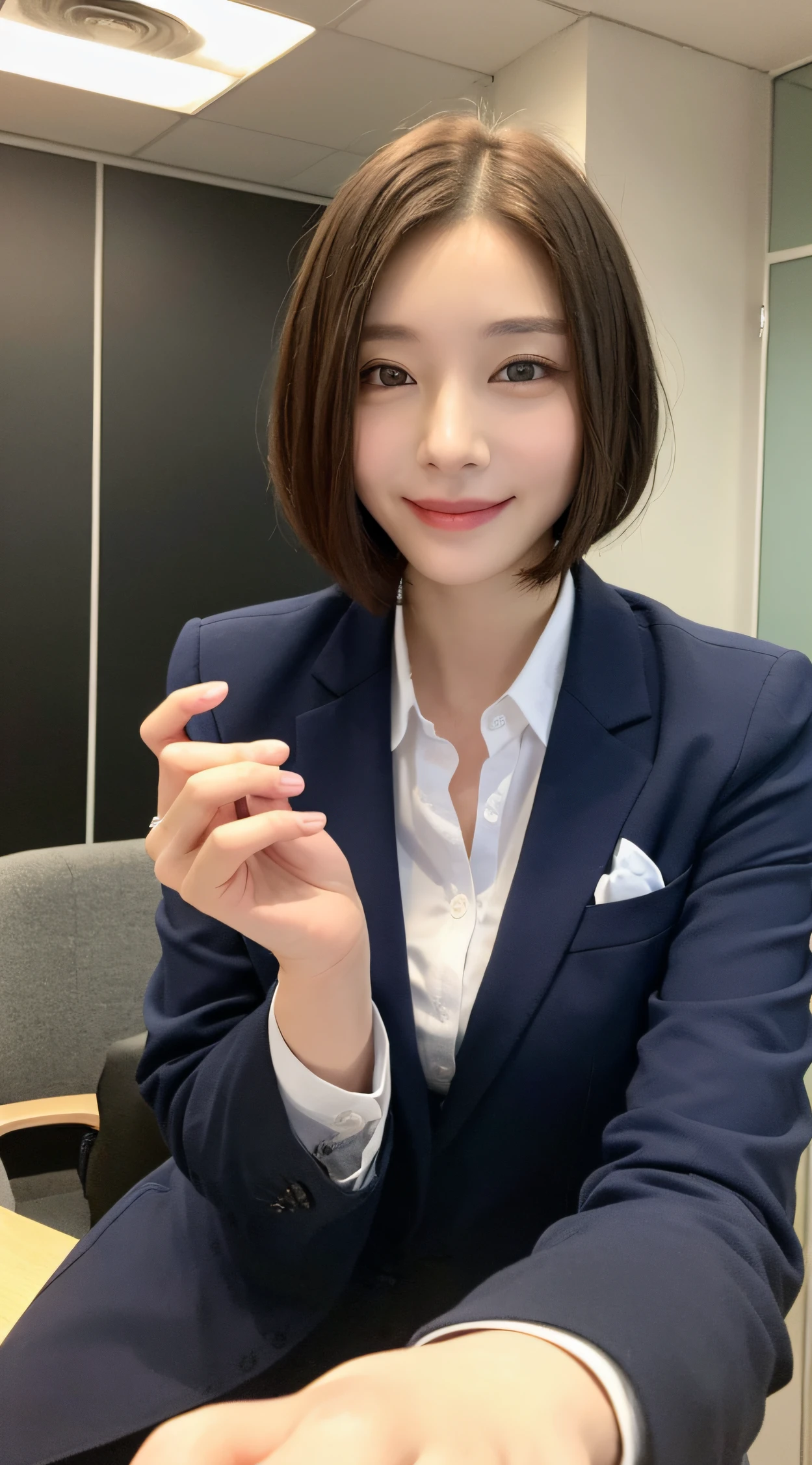 ((top-quality、8K、masterpiece:1.3))、1girl in、Slim Beauty:1.3、(Short hairstyles)、business jacket、s Office、Super Detail Face、Delicat eyes、二重まぶた、A smile