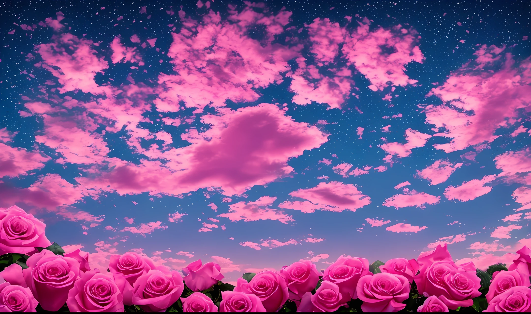 Pink moon, pink sky, soft pink clouds, pink ocean waves sparkling, sparkling, pink roses on pink ocean, fantasy, diamond, crown, universe, soft lights,