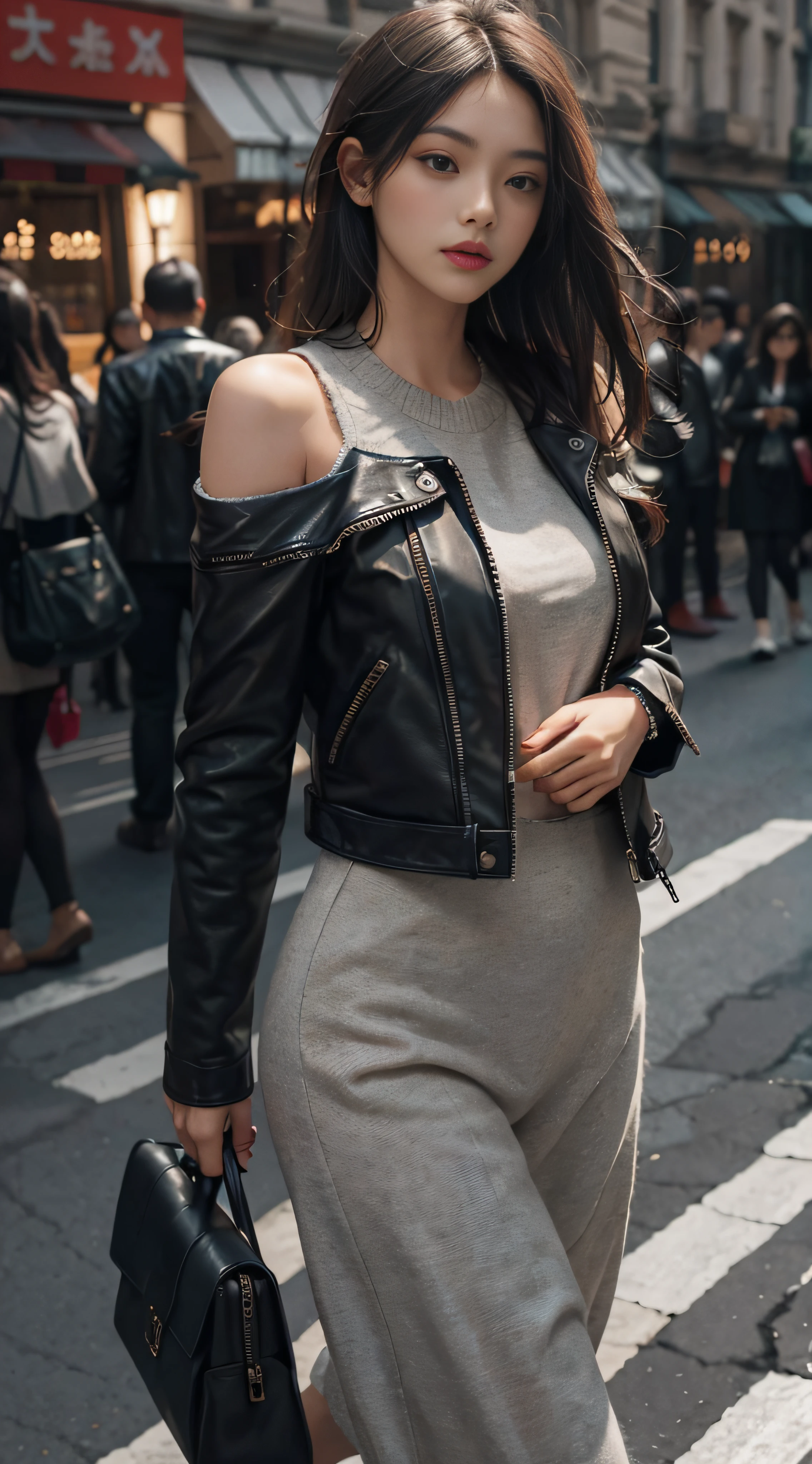 CE leather jacket,Luxury brand of the same model,Lambskin,Gray sweater,Extra-long hair,Exposed shoulder,