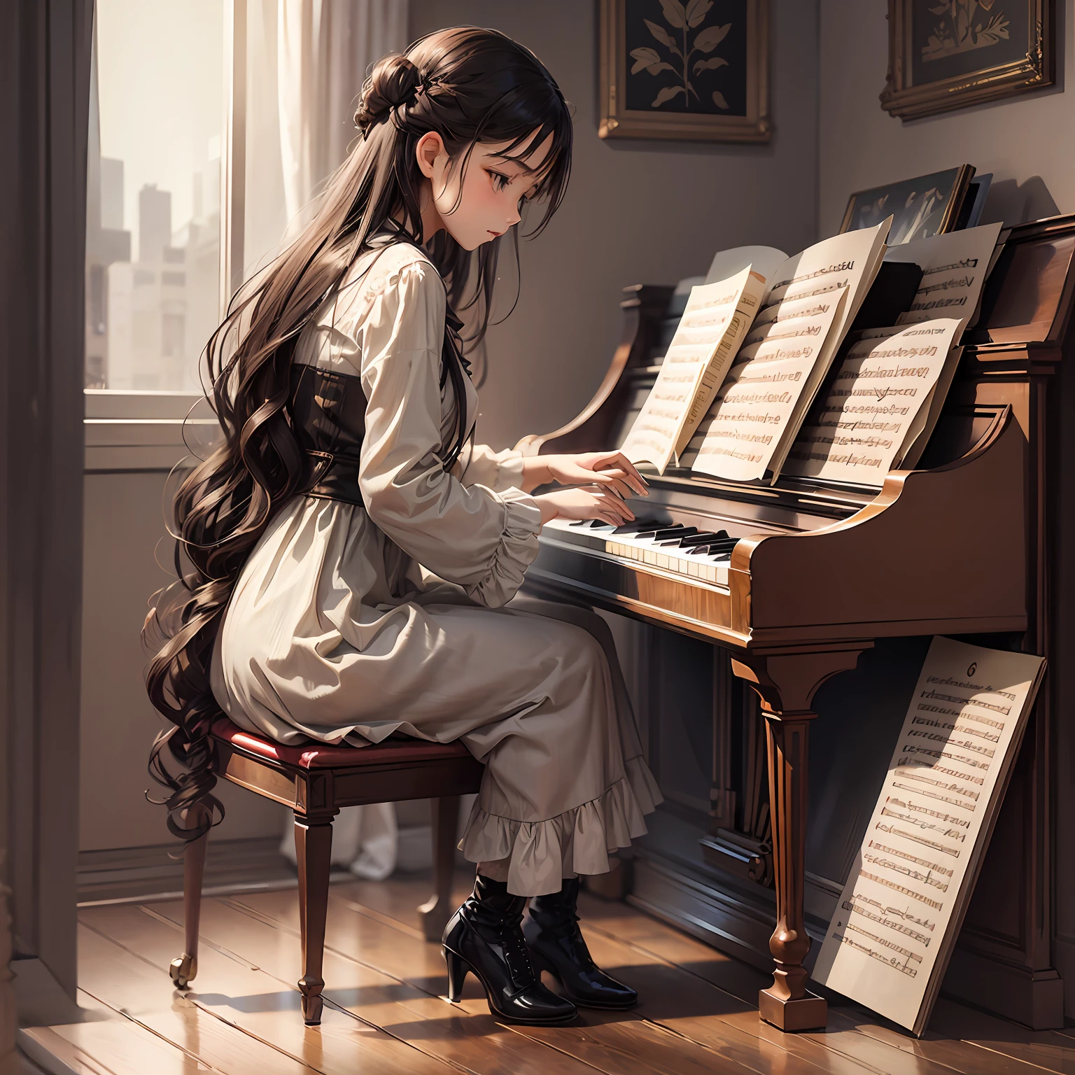(Need,tmasterpiece:1.2),violin,mtu,The performance is in progress,There was a woman playing the piano next to her,in lake,Sunset violet blue,hentail realism --auto