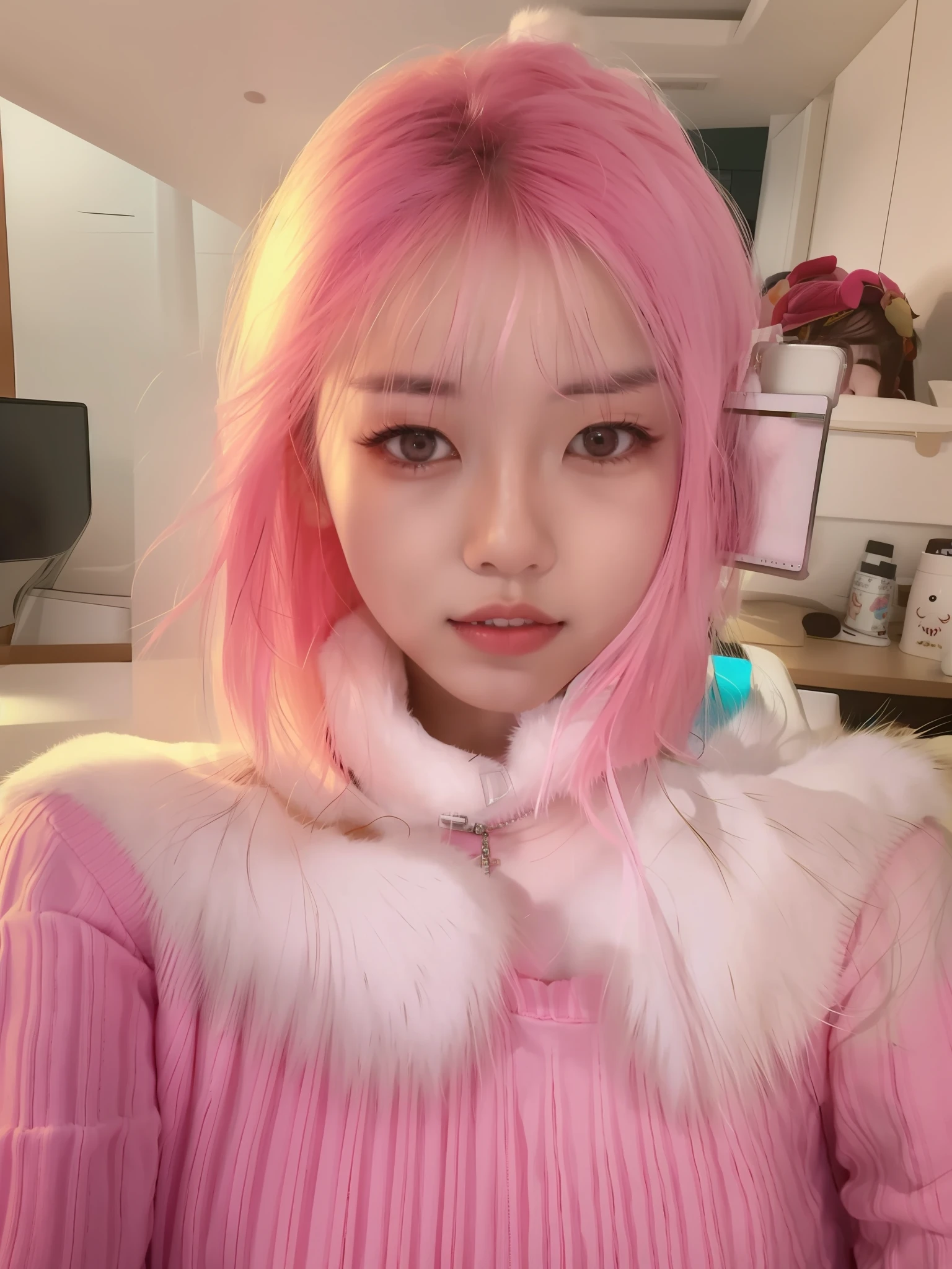 Close-up of a woman in a pink sweater and a furry collar, xintong chen, wenfei ye, xision wu, young cute wan asian face, sakimichan, Lin Qifeng, Zhang Wanting, 2 , ulzzangs, chengyou liu, 8k selfie photograph, 2 7 years old old