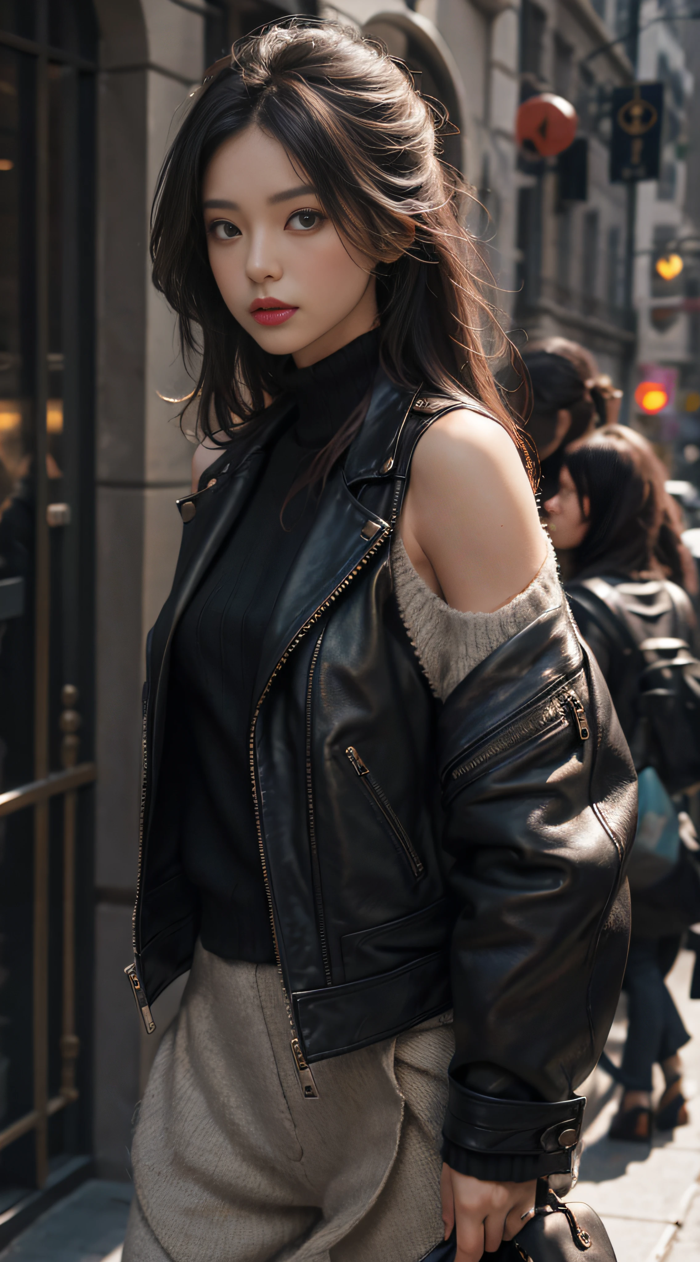CE leather jacket，Luxury brand of the same model，Lambskin，Gray sweater，Extra-long hair，Exposed shoulder，