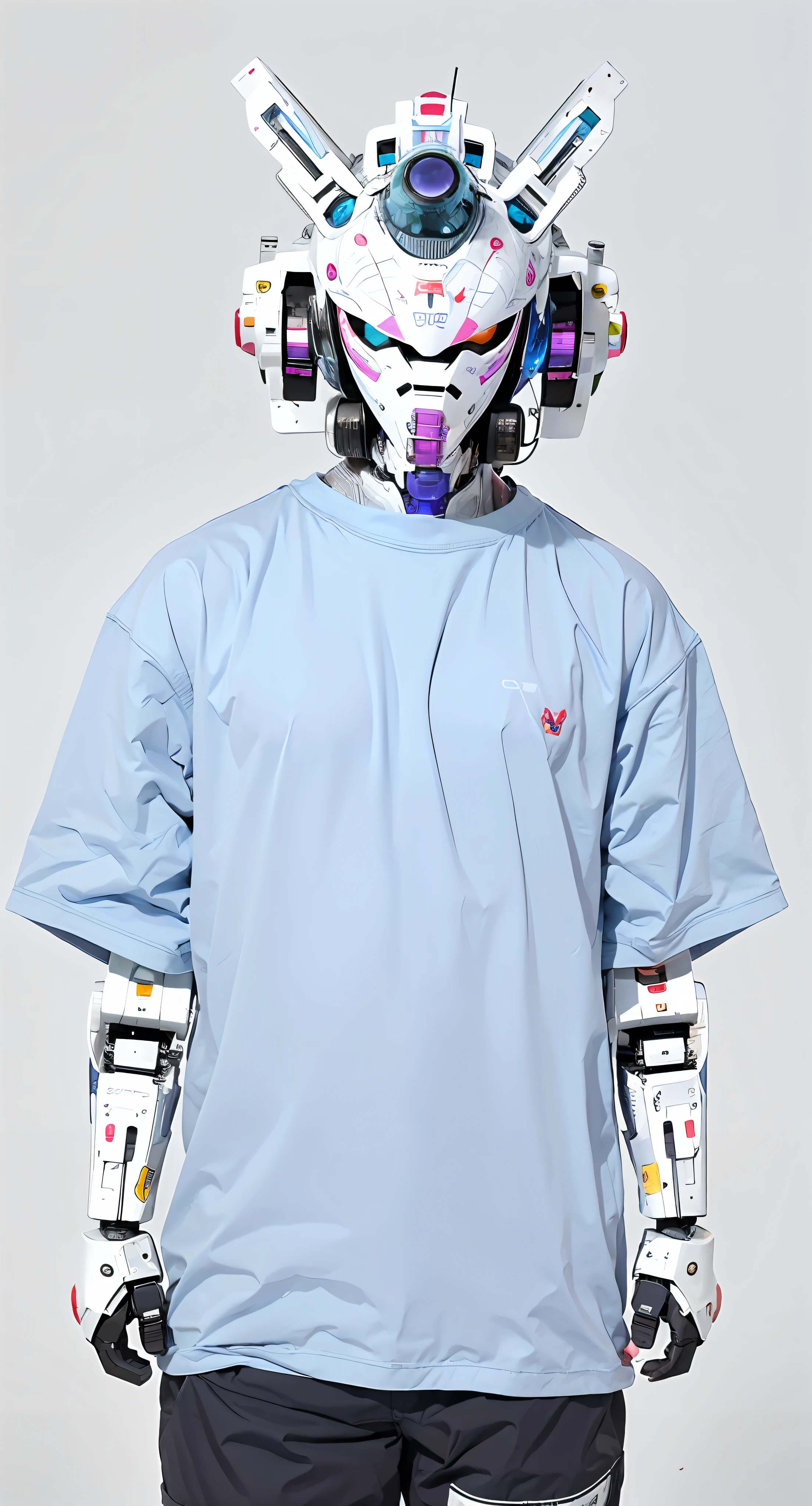 arafed image of a man wearing a robot mask with a blue shirt, anime robotic mixed with organic, portrait of a futuristic robot, symmetry!! portrait of cyborg, portrait of a mech, mecha inspired, portrait of a teen robot, portrait of a space cyborg, portrait of a robot, portrait of male humanoid, detailed humanoid