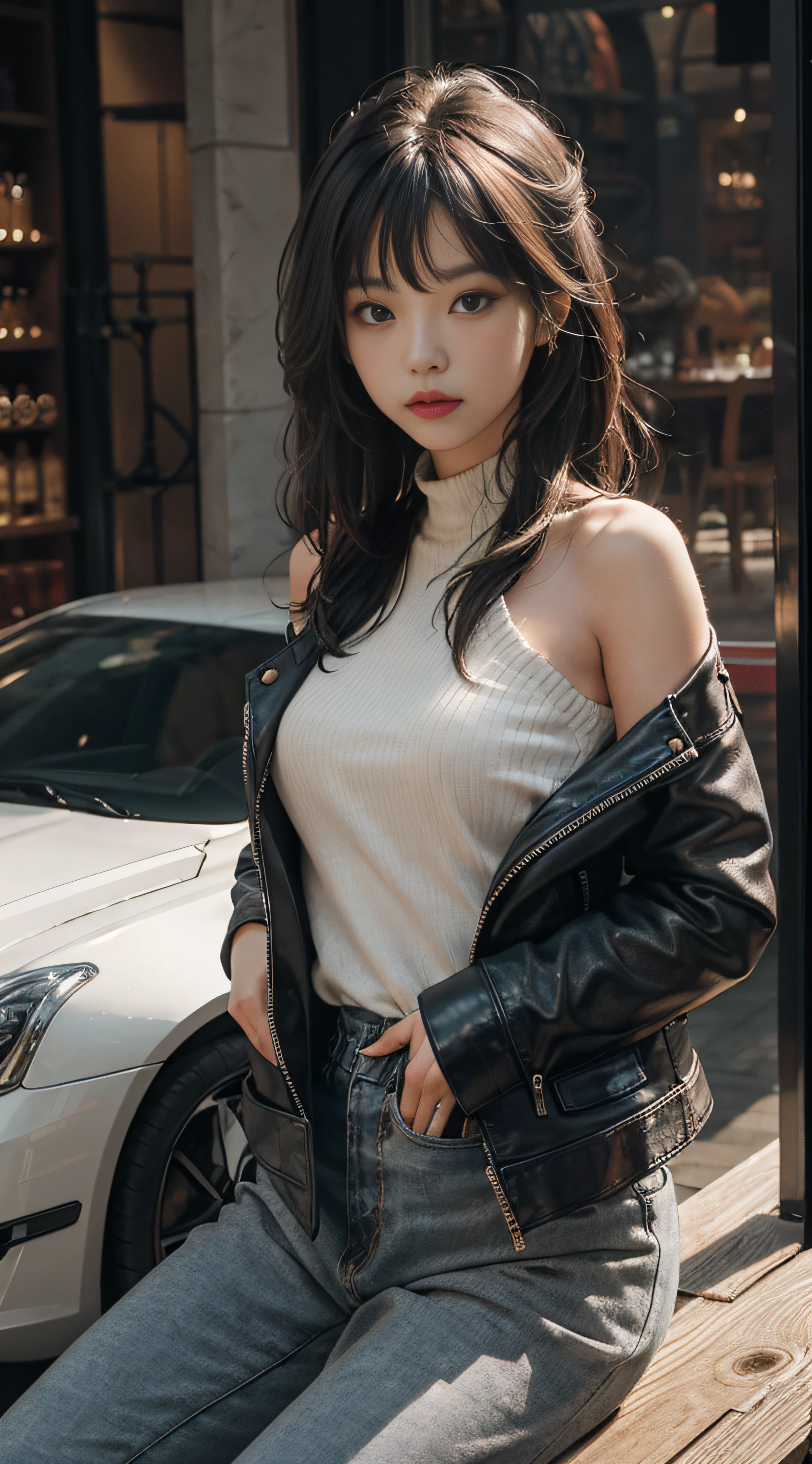 CE leather jacket,Luxury brand of the same model,Lambskin,Gray sweater,Extra-long hair,Exposed shoulder,