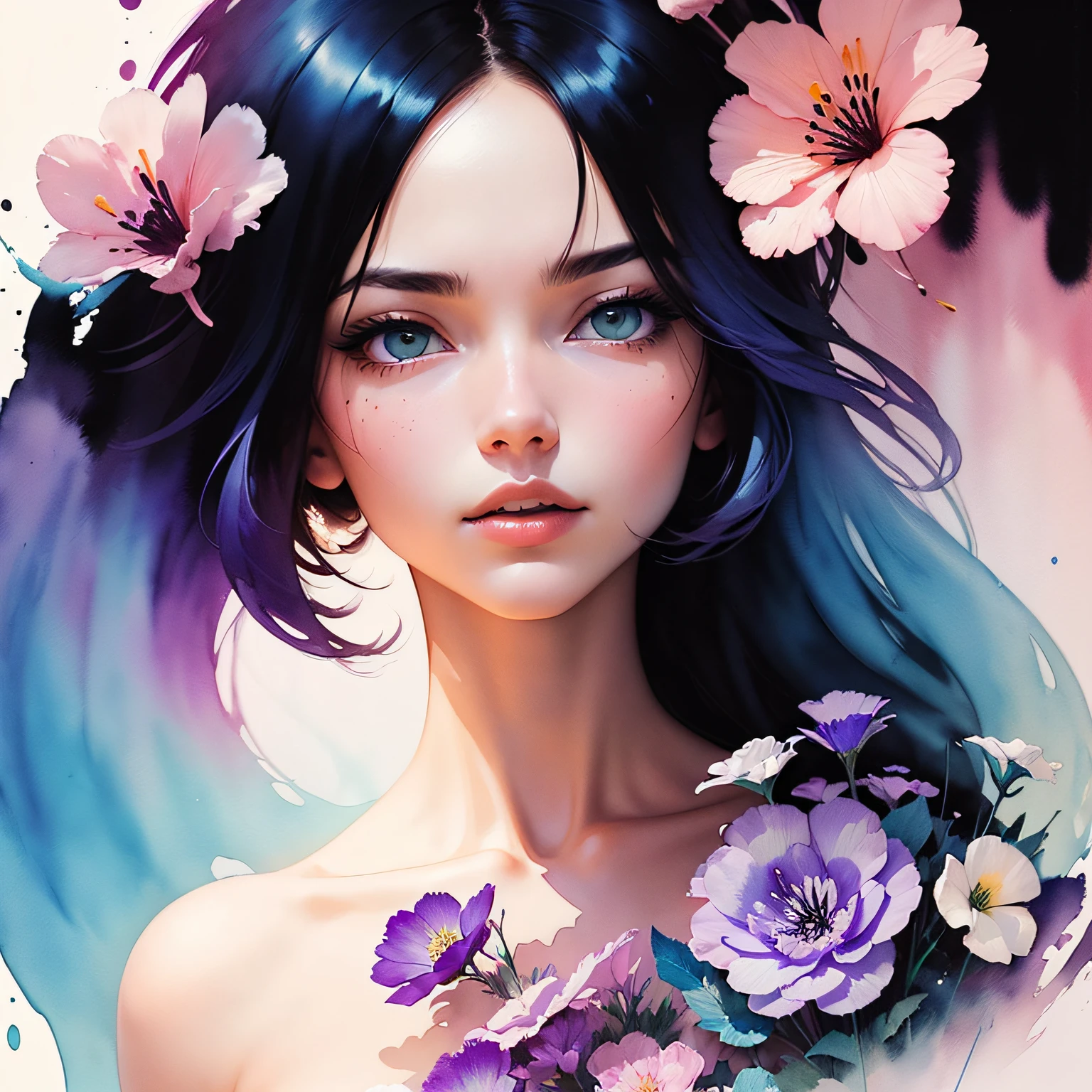1girl,flower, Lisianthus ,in the style of light pink and light azure, dreamy and romantic compositions, pale pink, ethereal foliage, playful arrangements,fantasy, high contrast, ink strokes, explosions, over exposure, purple and red tone impression , abstract, ((watercolor painting by John Berkey and Jeremy Mann )) brush strokes, negative space, --auto