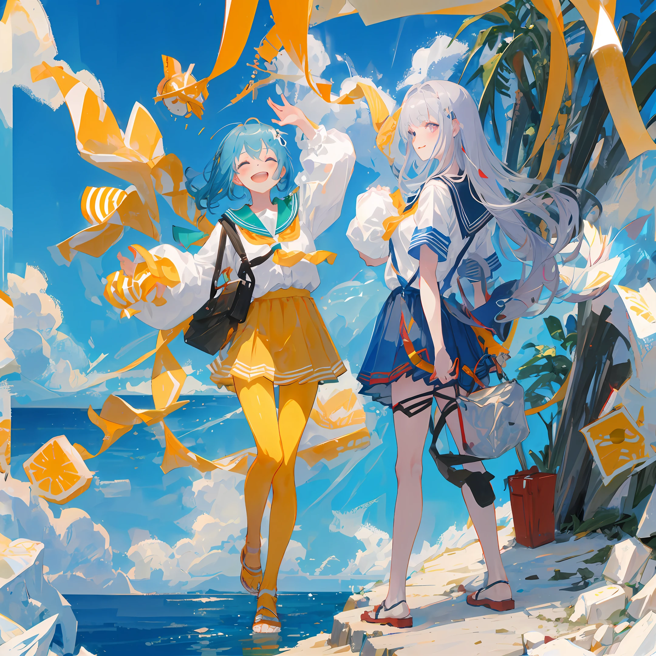schoolgirls,Translucent clothes by the sea,laughingly,