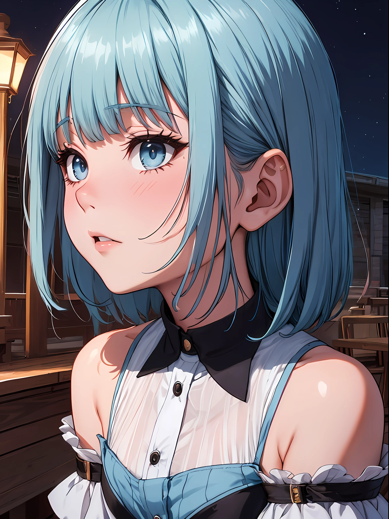 (masutepiece), Top quality ultra-detailed CG art, Quiet girl light blue maid, A look of shame, Light blue eyes, Hair shining with ultraviolet rays。 Infant body type、lightblue hair、bobhair、red blush、High school students、deep in the night、long、A sexy、Watch the viewer from the side、夏天、Shoulders bare、Bewitching woman、Appa Body、