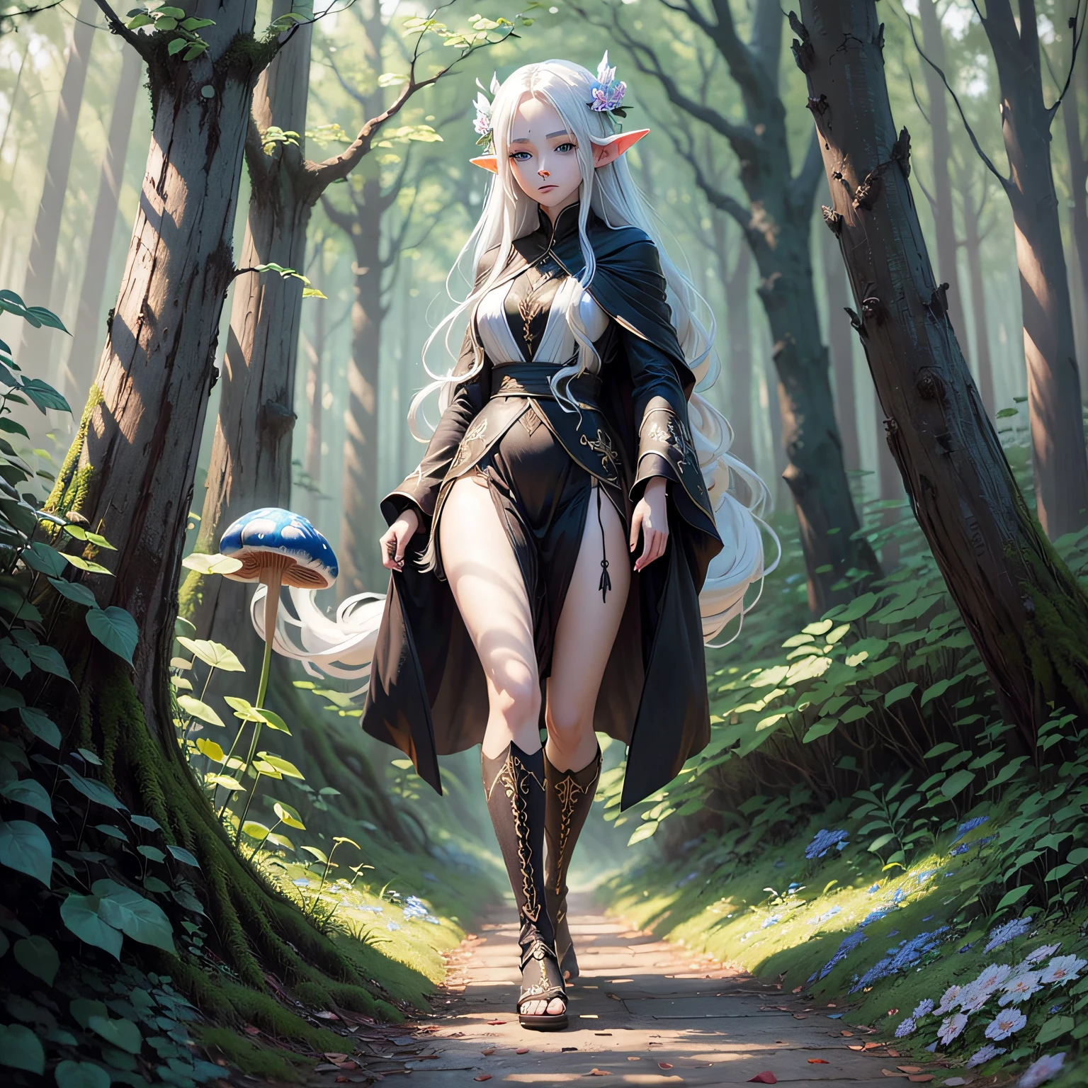 White-haired female elf walking in the forest in oil painting style。 --auto